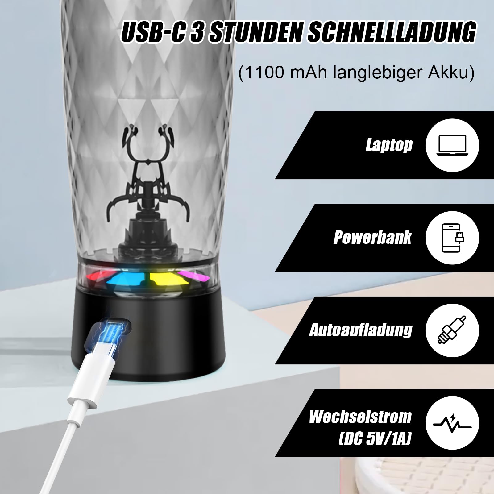 SOARFLY Elektrischer Shaker Protein Shaker Elektrisch mit Pulverfach 650ML, Eiweiß Shaker USB Wiederaufladbar für Potein Pulver und Milchshake, BPA-frei, Schwarz