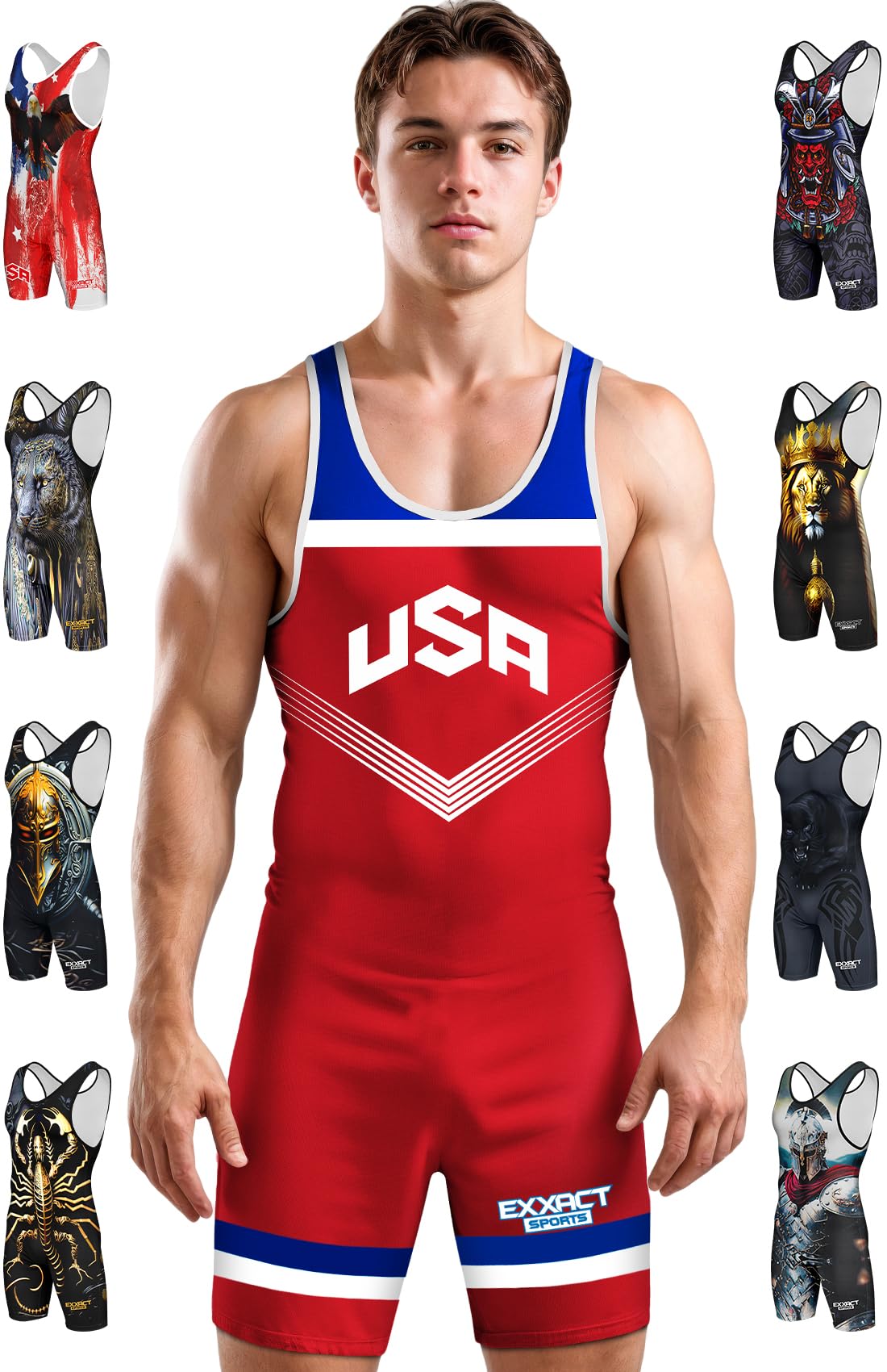 Exxact Sports Sublimated Men's Wrestling Singlet, High-Performance Powerlifting Singlet, Wrestling Singlets for Men (AM, Red USA)