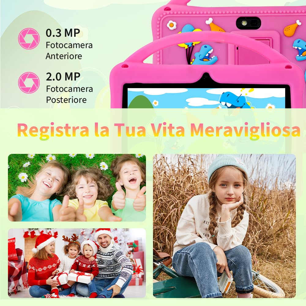 Veidoo Tablet 7" Bambini, 2 GB RAM, 32 GB ROM, App iWawa, Controllo Genitori, Schermo Protezione Oculare, Giochi Educativi, WiFi, Doppia Camera, Custodia Silicone (Rosa)