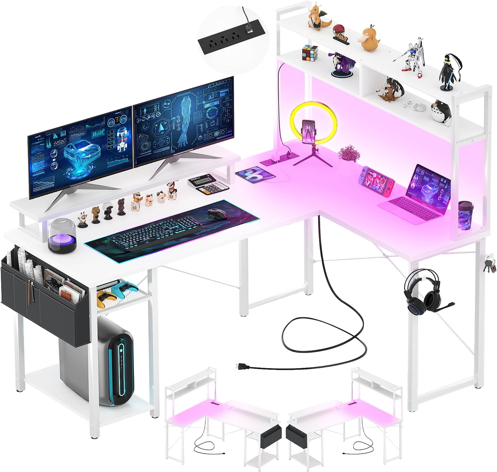 Aheaplus Small L-Shaped Desk with Charging Port & LED Strip, Reversible L-Shaped Gaming Desk, Computer Desk, Monitor Stand & Storage Shelf, Corner Desk, Home Office Desk, Storage Bag Included, White