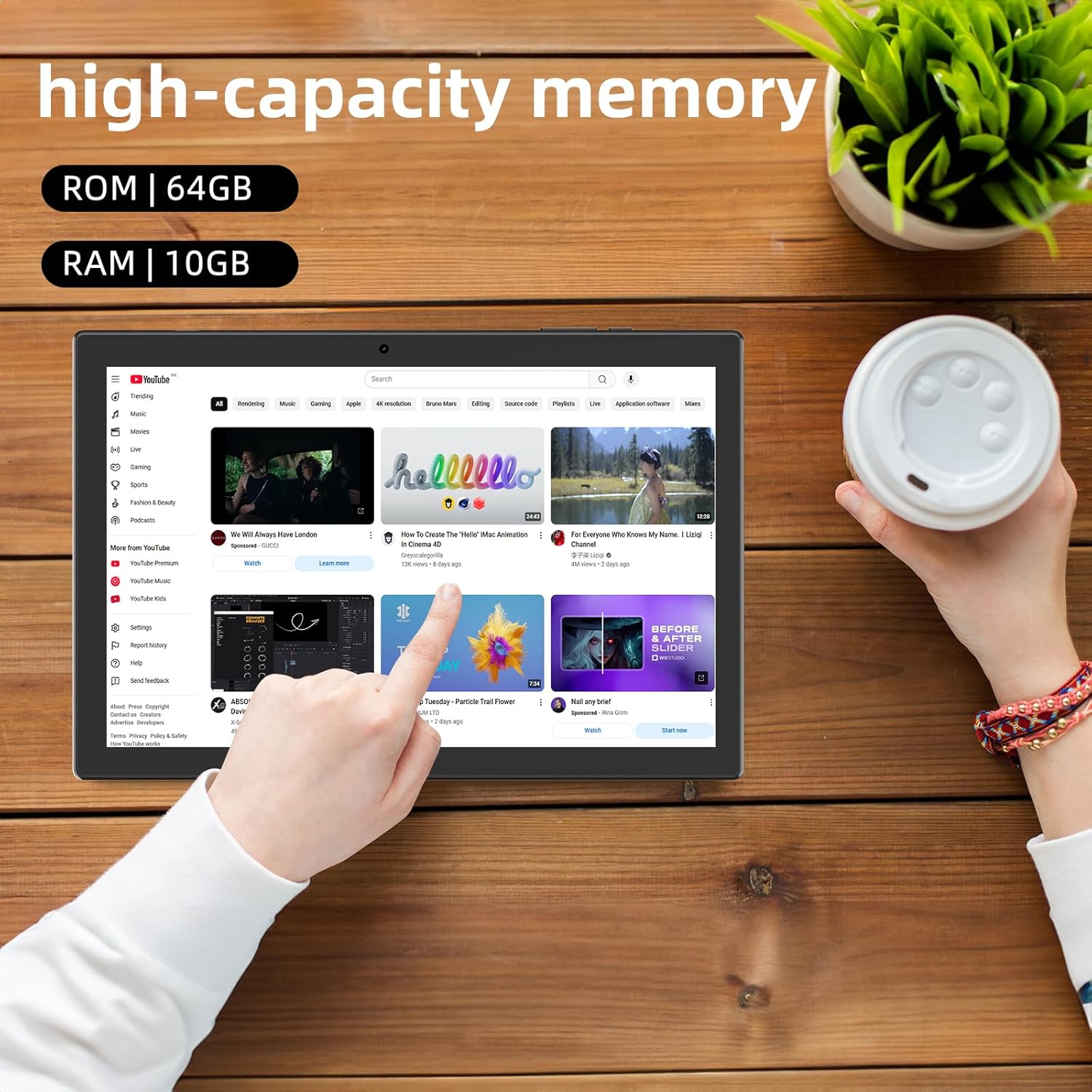 CUPEISI YQ11M tablet screen displaying YouTube content, highlighting its 10GB RAM and 64GB ROM.
