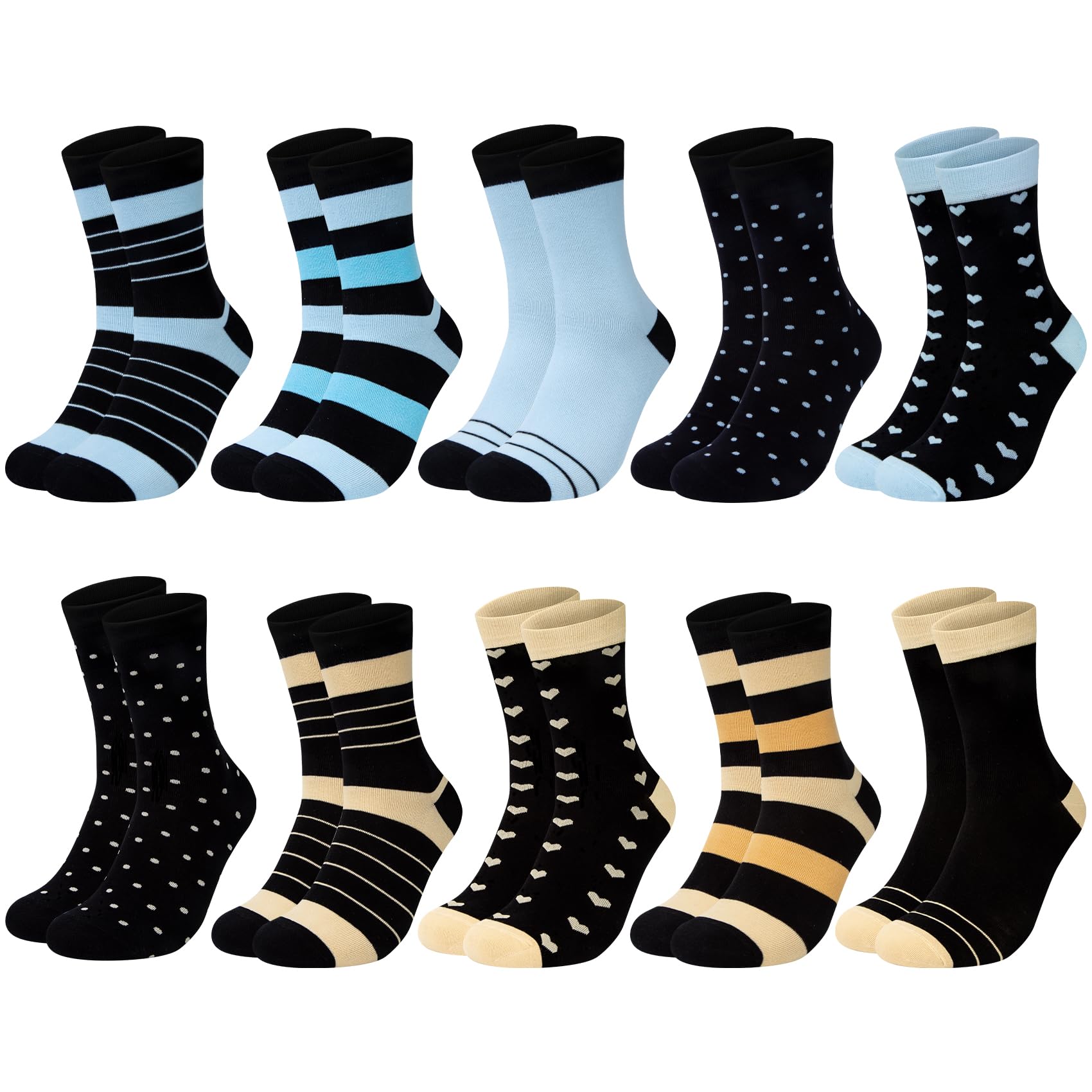 Chalier Cozy 10 Paar Damen Socken Baumwolle mit bunten Streifen, Punkte und Herzen - Bequeme Alltagssocken, ideale Geschenke für Frauen. Einheitsgröße