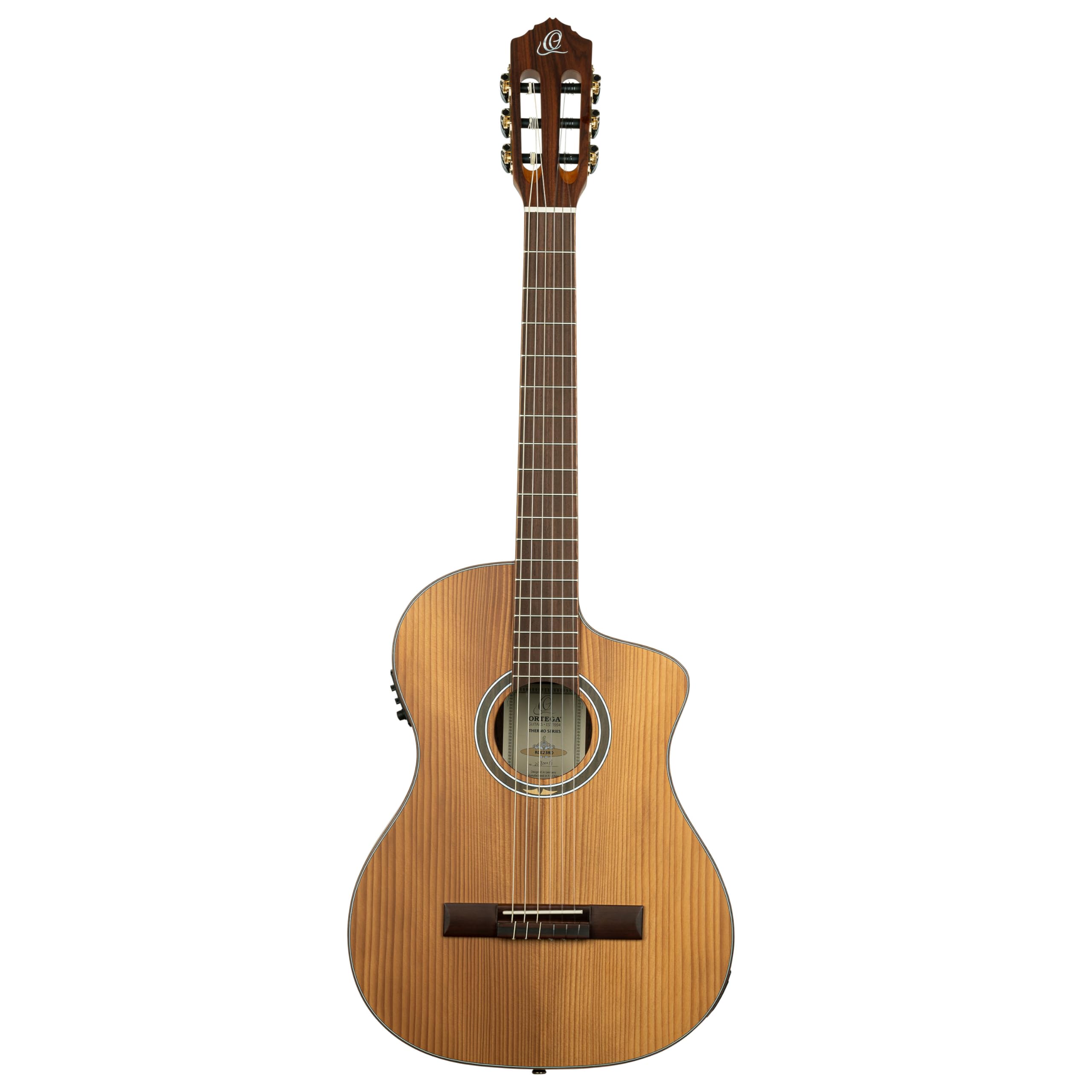 Ortega Guitars Guitarra de concierto tratada térmicamente, cuello extrafino, serie térmica, electroacústica, incluye funda de pícea, Pao Ferro (RCE23RO)