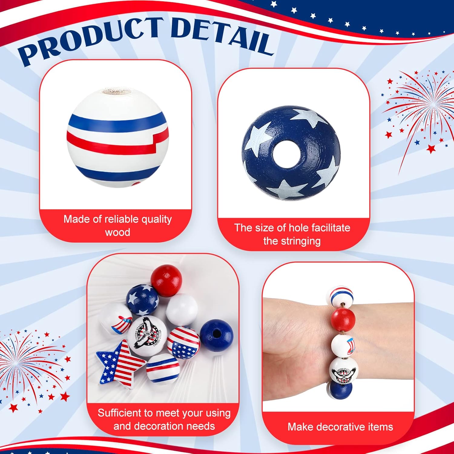 Chunful 300 Pcs 4th of July Wood Beads 250th Anniversary Patriotic Red White and Blue America Flag Star Charm Memorial Day Wooden Craft Beads for Independence Day DIY Jewelry Making, 9 Design