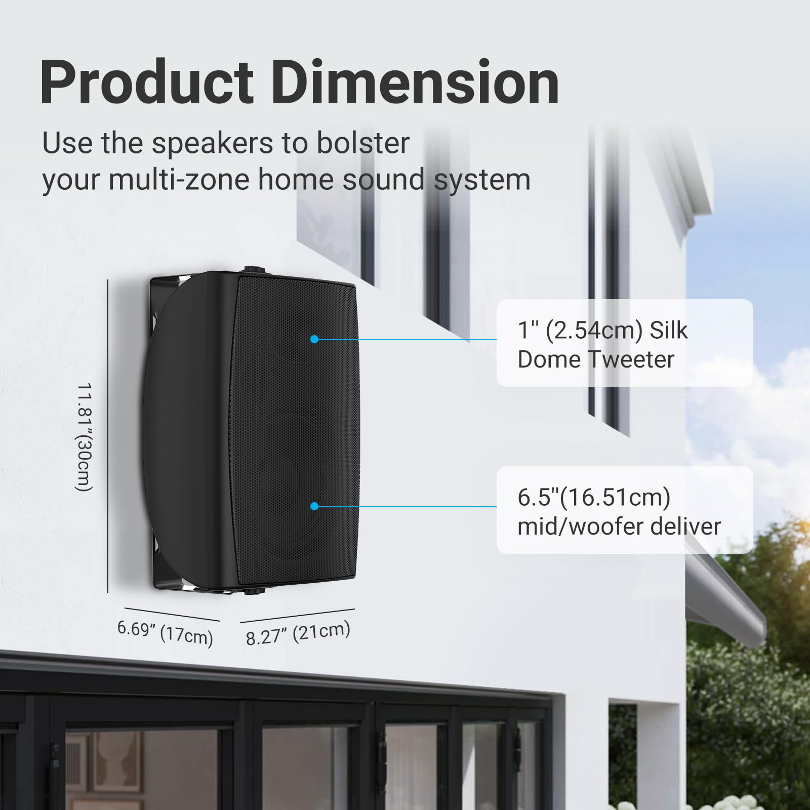 Herdio 400W 6.5 Pulgadas de Altavoces Exteriores Passivo, Altavoz de Pared de con potentes para Patio en el Patio Trasero de la Cubierta Junto a la Piscina en casa (Pareja, Negro)