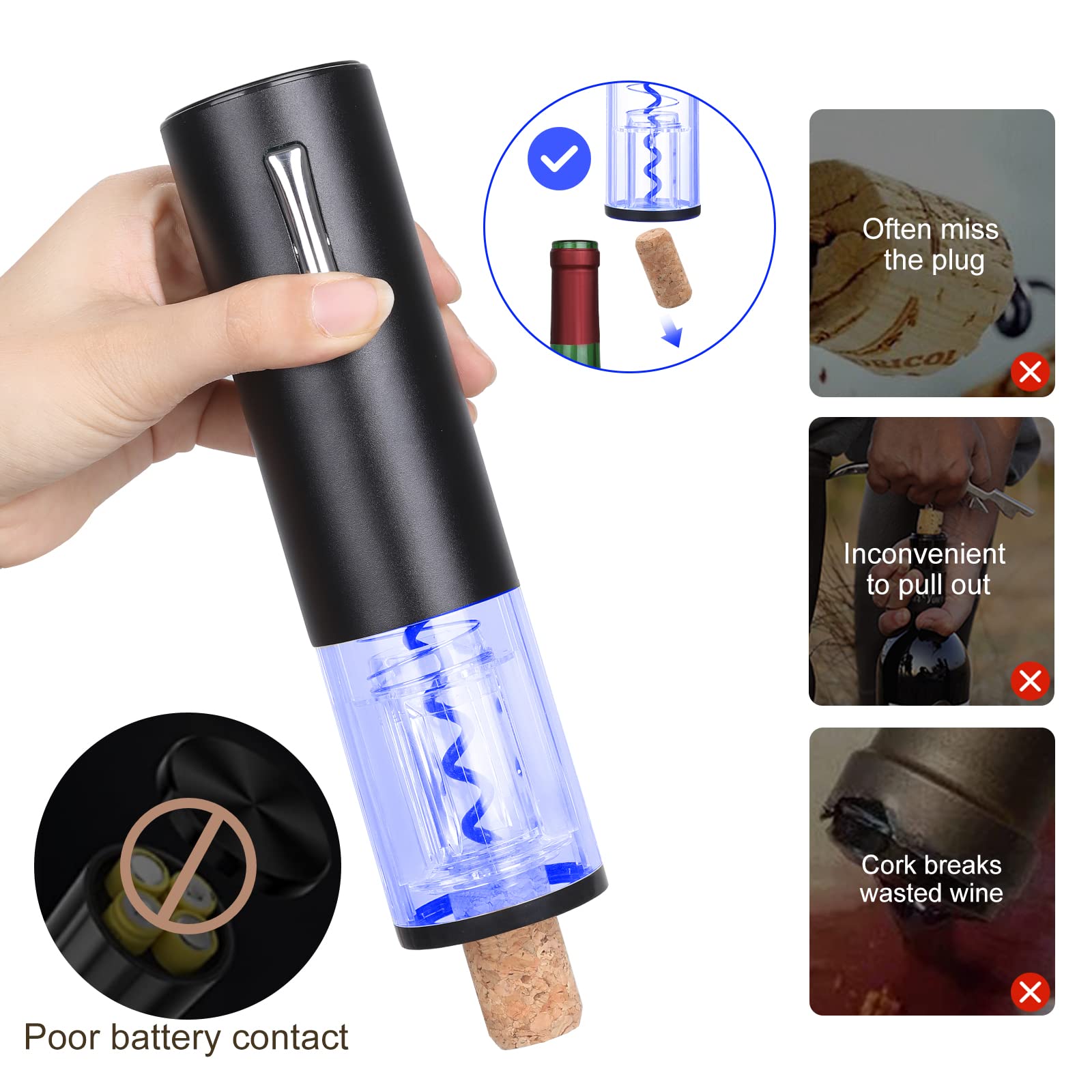 Anpro Cavatappi Elettrico con Supporto di Ricarica, Set da Vino in Alluminio Nero