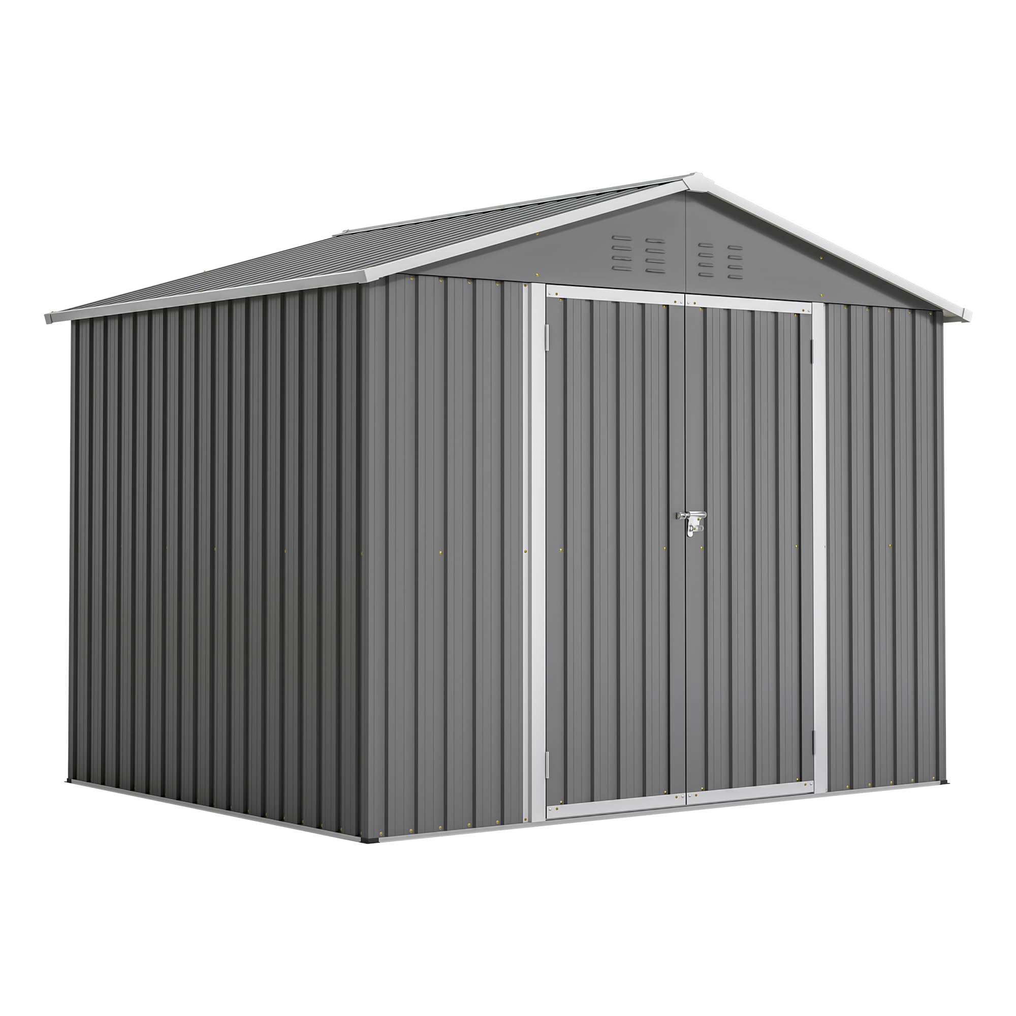 Gartenhaus Metall 229x180x191 cm, 7,9 m³ Gerätehaus mit Fundament & Satteldach, Wetterfester Gartenschuppen für Fahrrad & Gartengeräte, Grau