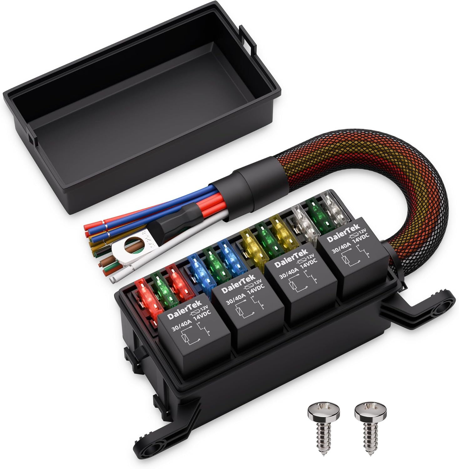 DaierTek Waterproof 12V Fuse Relay Box: 12 ATO/ATC Fuses, 4-Relay Block, Pre-Wired Harness for Marine, Car, Boat, Truck