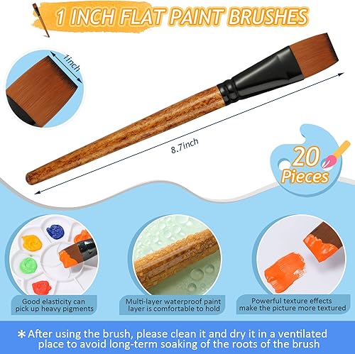 Miniatura 2 de 20 pinceles planos de pintura de nailon de 1 pulgada con mango de madera para acuarelas acrílicas, arte facial y cuerpo