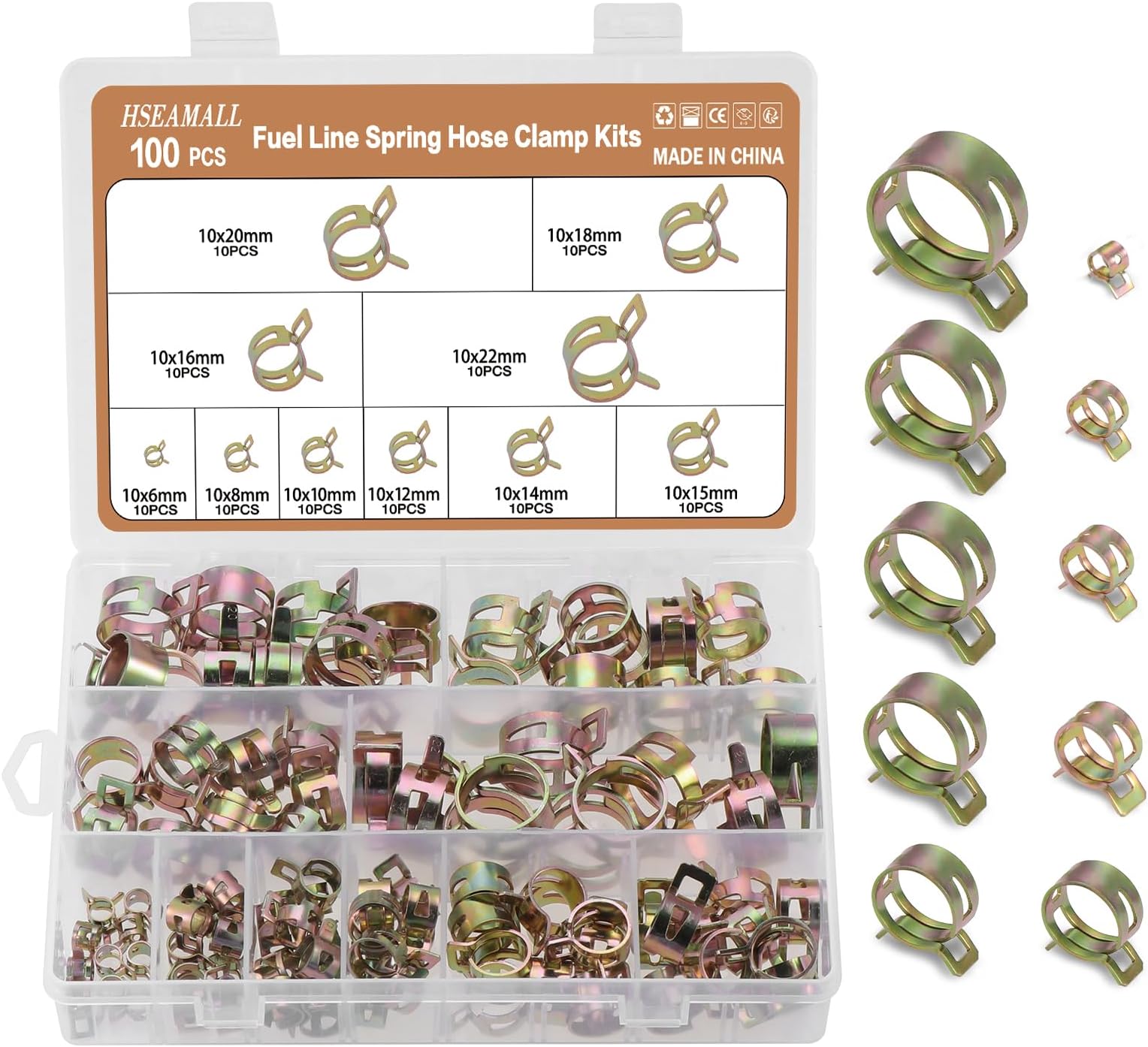 HSEAMALL 100 PCS Spring Clamps, Fuel Line Clips, Water Pipe Air Tube Silicone Vacuum Hose Clamp Fastener 6-22mm 10 Size