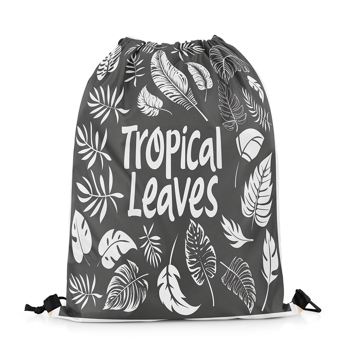 Homewish Tropical Palm Leaves String Backpack Summer Hawaiian Drawstring Bags Monstera Banana Leaves Cinch Bag Jungle Nature theme Black White Draw String Back Bag 33 x 40 cm