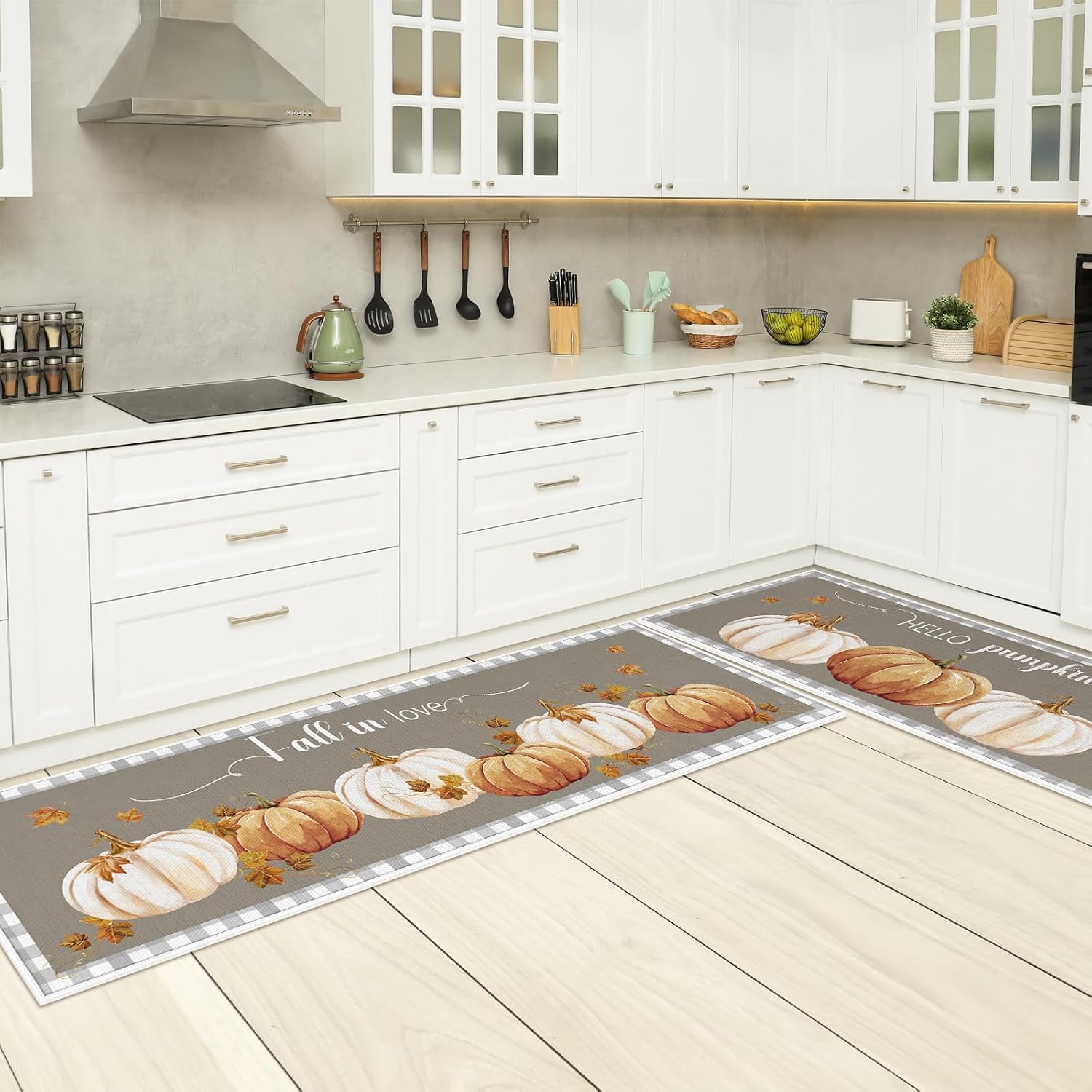 Drydiet 3 Pcs Christmas Kitchen Rugs Non Slip Winter Floor Mat for Kitchen Floor Hallway Laundry Sink and Bathroom, 20"x32" 20"x47", 20"x59"(Pumpkin)