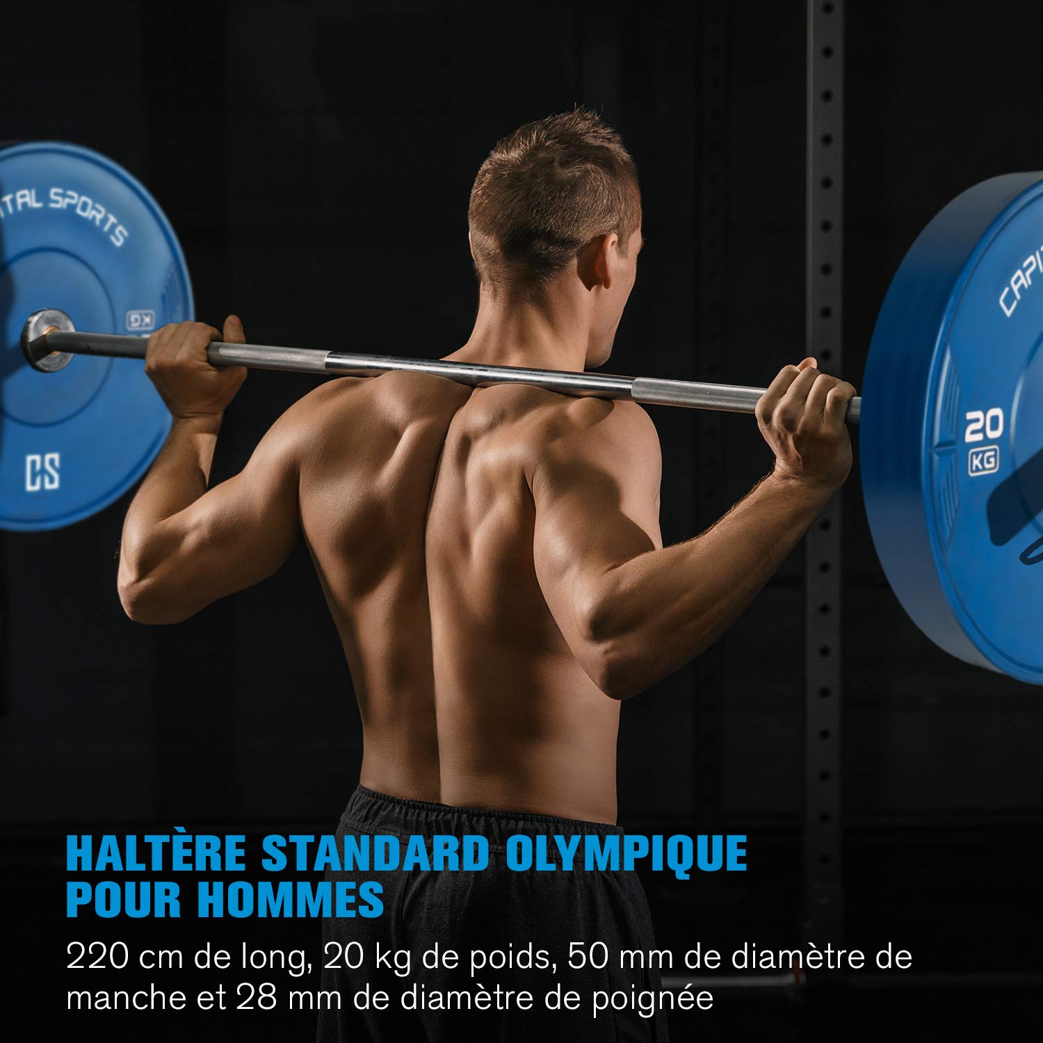 CAPITAL SPORTS Hybrid Men Pro, Men ECO ou Women - Haltère Long Hybride Professionnel, Barre Olympique, 201 ou 220 cm, 15 ou 20 kg, Support :50 mm Ø, Charge Maxi :650 ou 910 kg, Acier, Argent