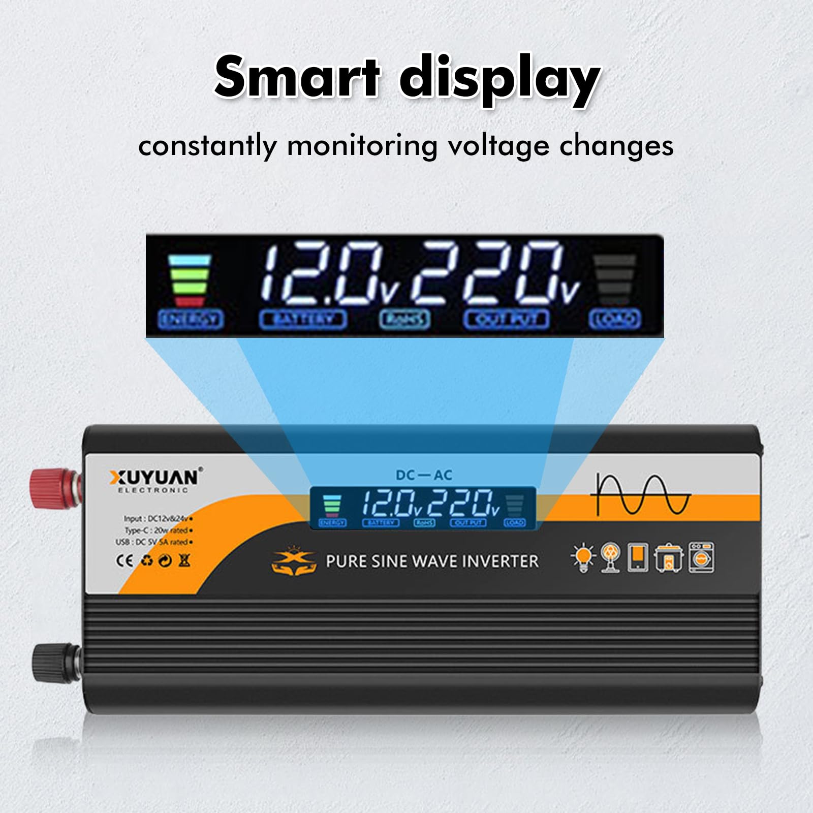Przetwornica napięcia 800 W, 12 V na 230 V, czysta sinusoidalna przetwornica napięcia z gniazdem UE, USB (5 V/3 A), złącze typu C i wyświetlaczem LCD, inwerter mocy DC AC do samochodów / kamperów