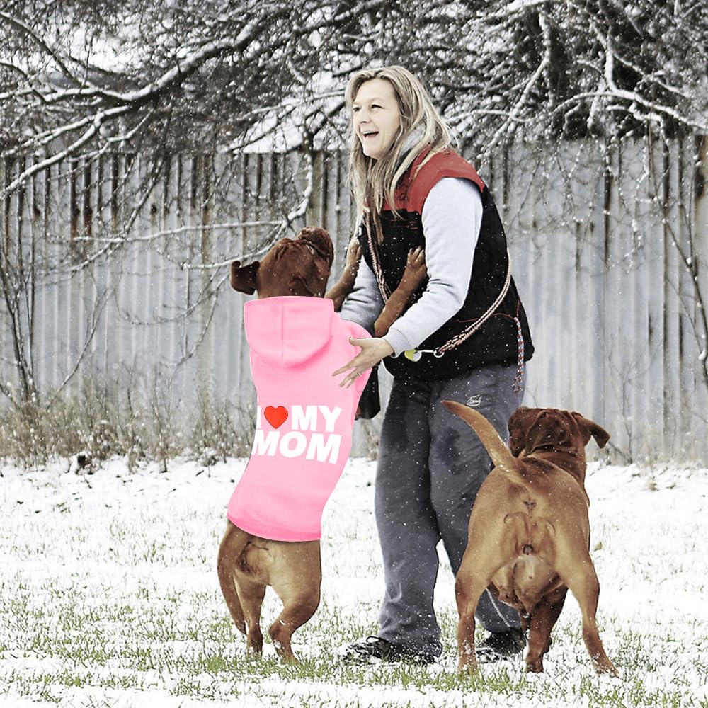 Hundepullover, Hunde-Kapuzenpullover für kaltes Wetter, Kapuzen-Sweatshirt für Welpen, Katzen, kleine, mittelgroße und große Hunde, Rosa (I Love My Mom), Größe XS