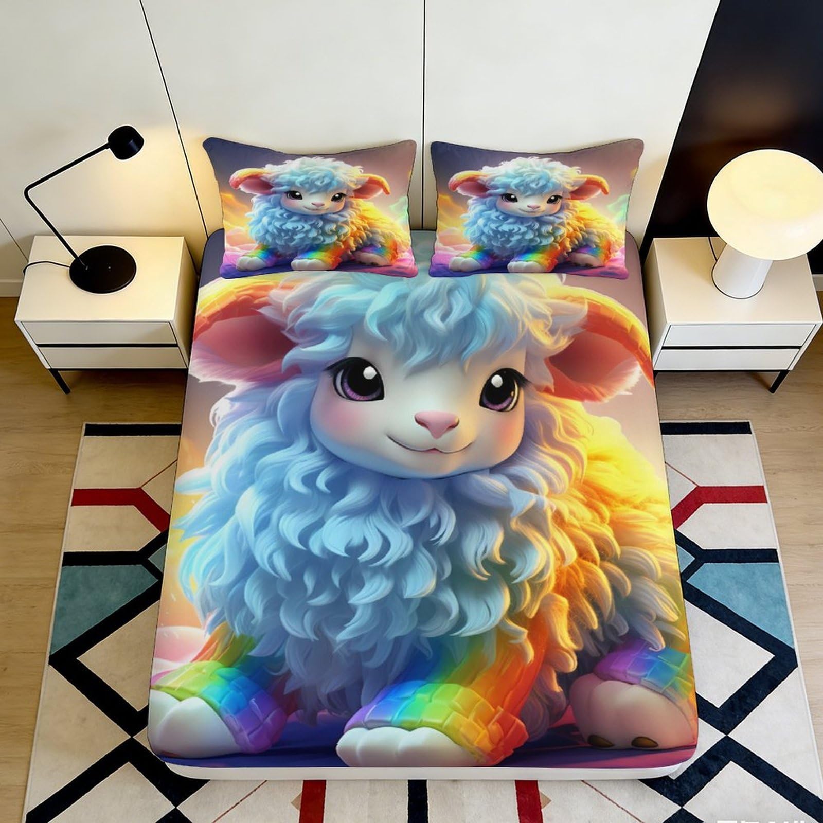 3D Printed Rainbow Sheep Fitted Sheet Microfiber Soft Cozy Pastel Lamb Bed Cover for Bedroom Home Decor Mattress Protection 90x200x25cm