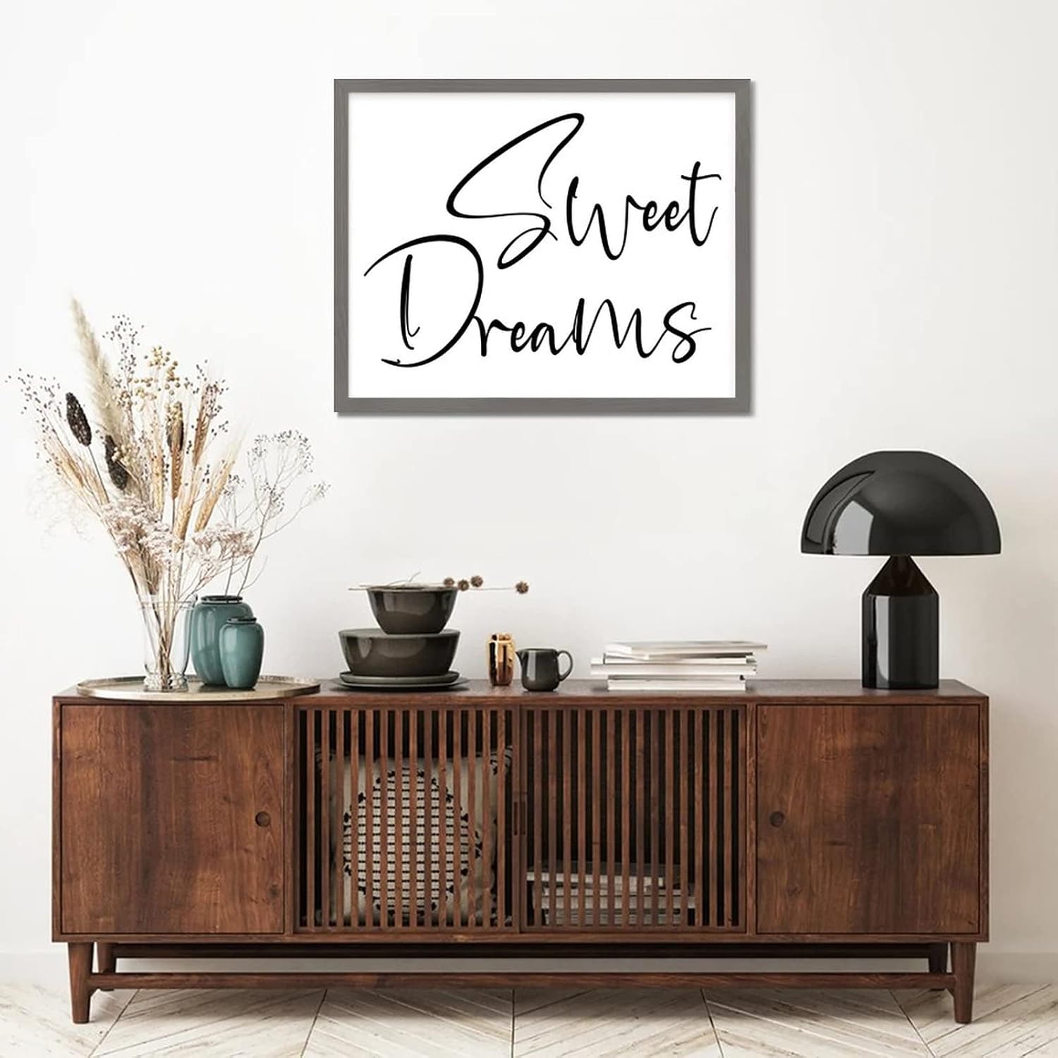 Framed Wood Sign with Classic Quotes Sweet Dreams Rustic Style 16x20in Hang Gray Frame Wooden Plaque for Cottage Nursery Room Cafe Bar Garden Yard Farmhouse Porch Wall Decor