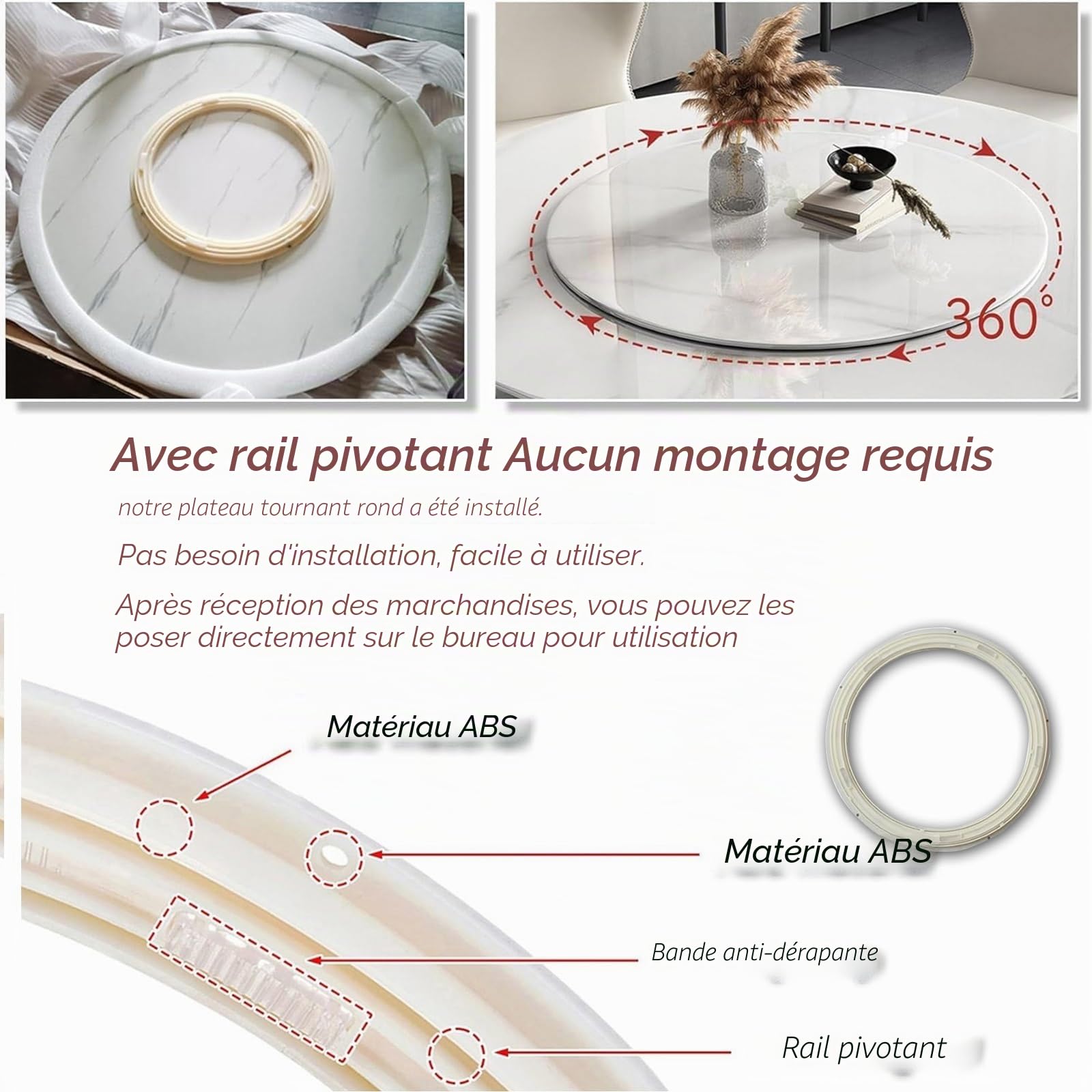 Plateau De Service Rotatif Lazy Susan En Bois Rond, Ø 50cm 60cm 70cm 80cm 90cm Grand Plateau Tournante Pour Table À Manger, Assiette De Service 360° Rotative, Avec Roulement Silencieux(Wood,Ø60cm)