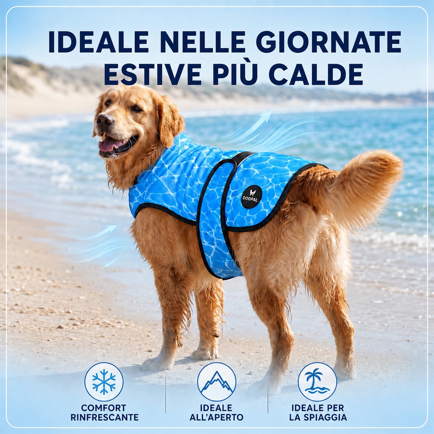 DOGOPAL Gilet Refrigerante per Cani, Giubbotto Rinfrescante Attivato dall'Acqua con Protezione UV, Maglia Estiva Leggera e Traspirante con Collo Alto per il Caldo, Passeggiate e Outdoor (Blu, XL)