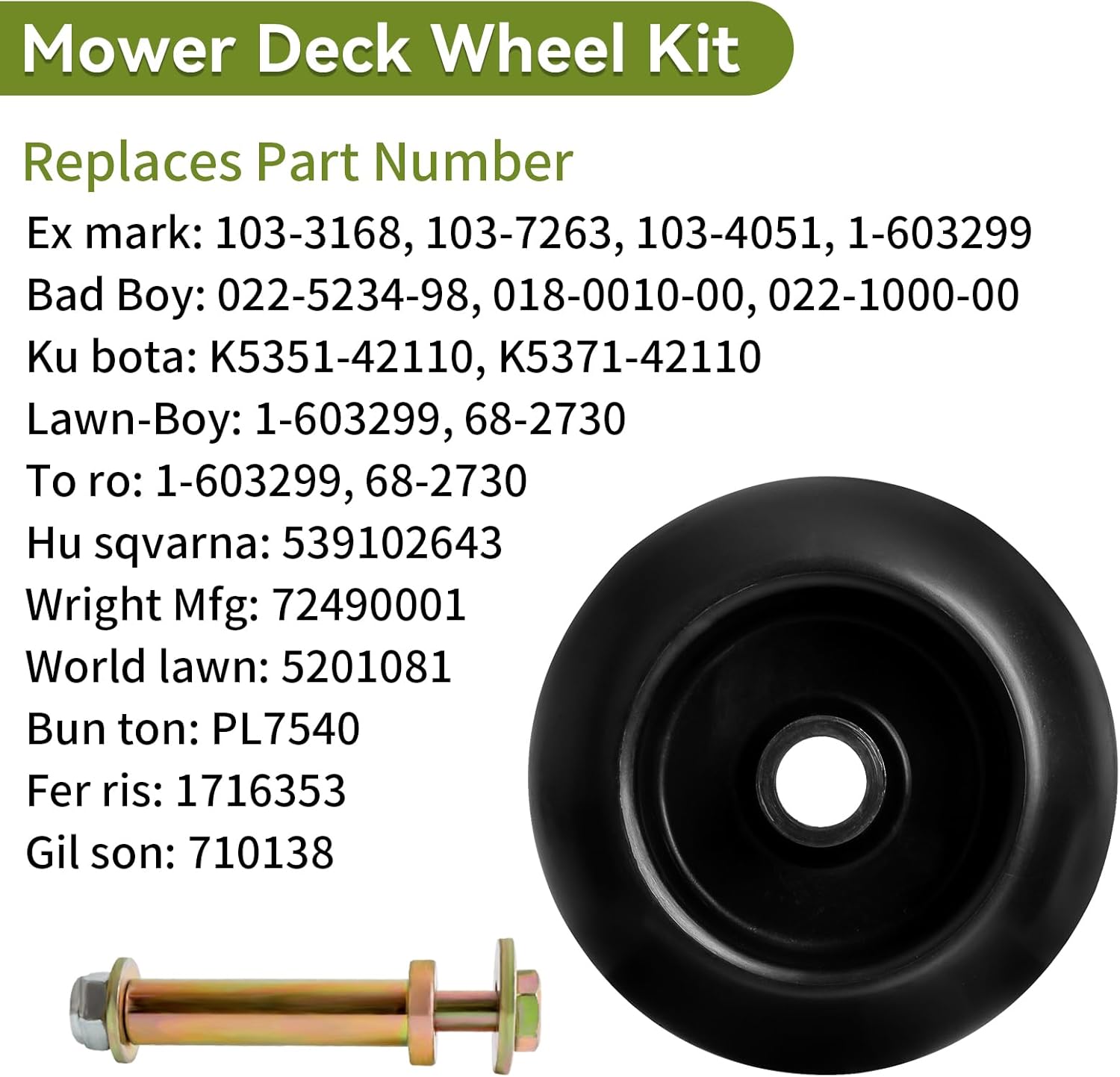 022-5234-98 Mower Anti Scalp Deck Wheel Kit with Bolt Replaces Bad Boy 022-1000-00 Exmark 103-3168 103-4051 103-7263 1-603299, Compatible with Kubota BX Series Tractor Mower Decks, 6 Pack