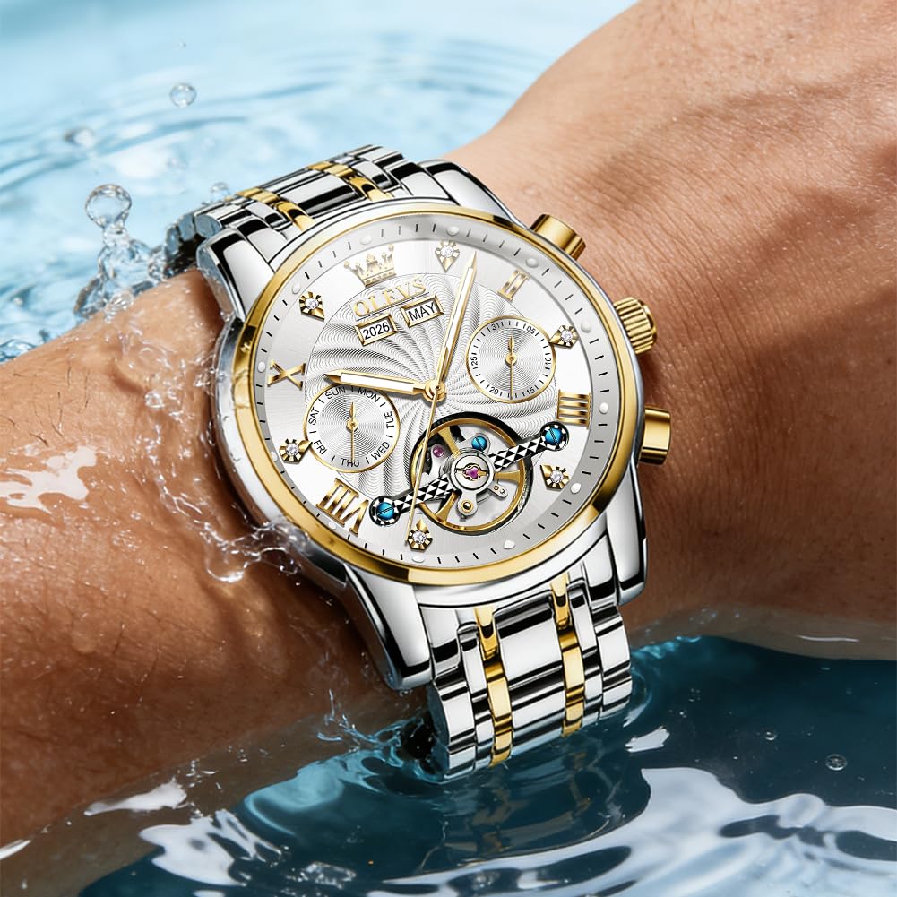 OLEVS Herrenuhren Automatik Mechanische Armbanduhr mit Tourbillon Kalender Wasserdicht Leuchtende Uhren Männer
