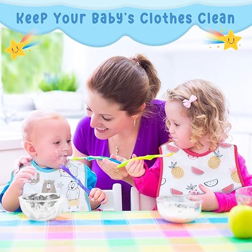 Miniatura 7 de Jeyiour 24 baberos impermeables para bebés con recogedor de alimentos, broches ajustables, baberos de alimentación de plástico para niños pequeños,