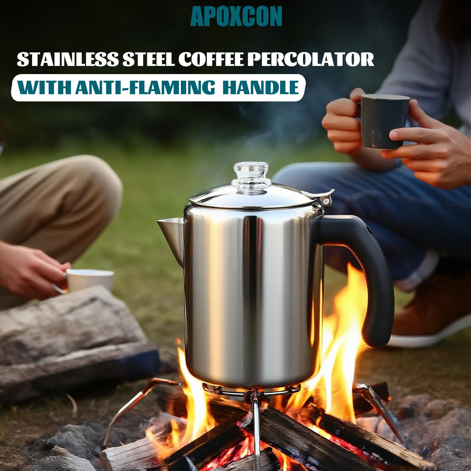 APOXCON Percolateur à café en acier inoxydable avec bouton en verre résistant à la chaleur - Cafetière de camping - Utilisation sur n'importe quelle cuisinière - Argenté - 8 tasses