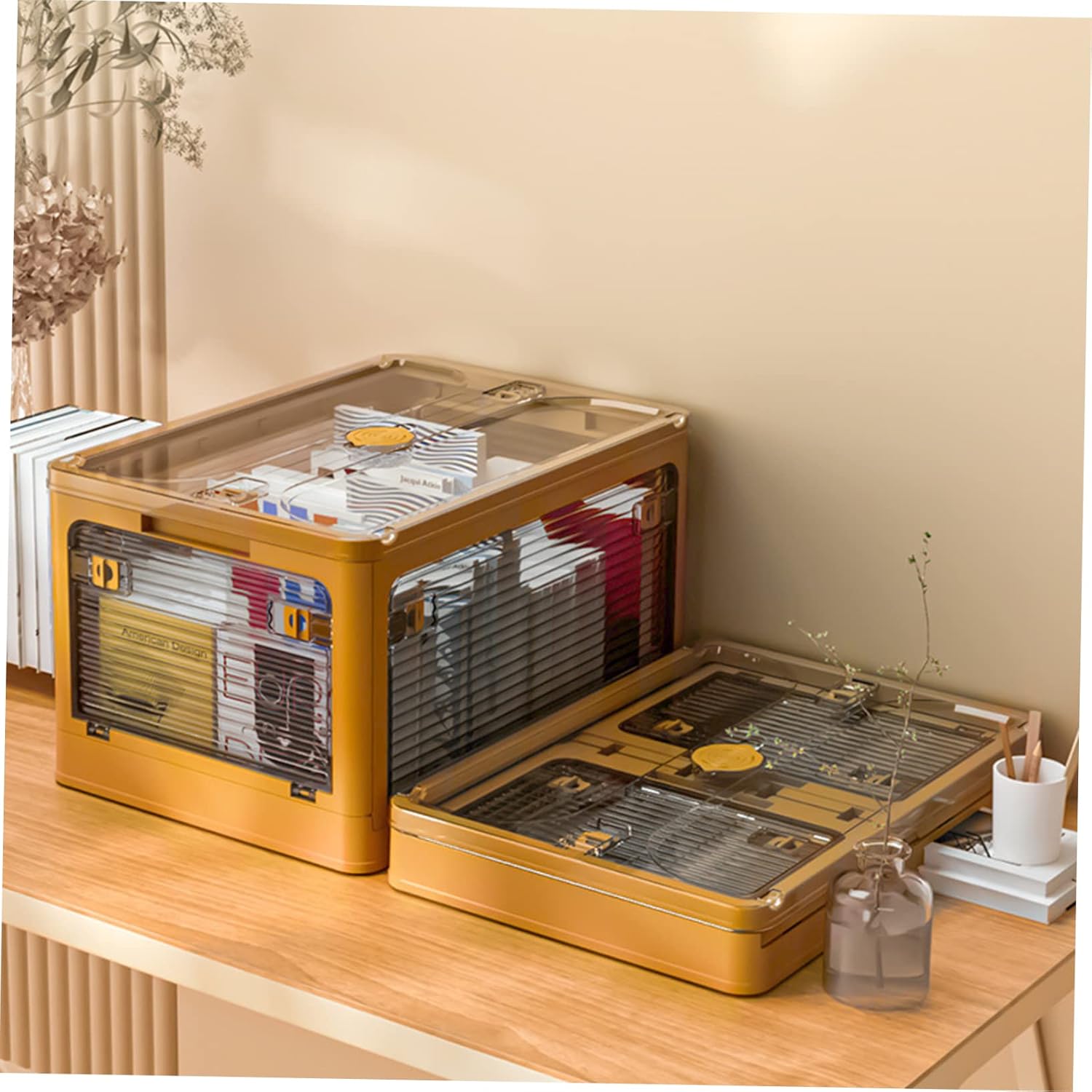 Luxshiny Stackable Portable Storage Box with Lid and Wheels Transparent Foldable Home Organizer for Bedroom Books and Linens Lightweight Space Saving Container with Stable Top Cover Groove