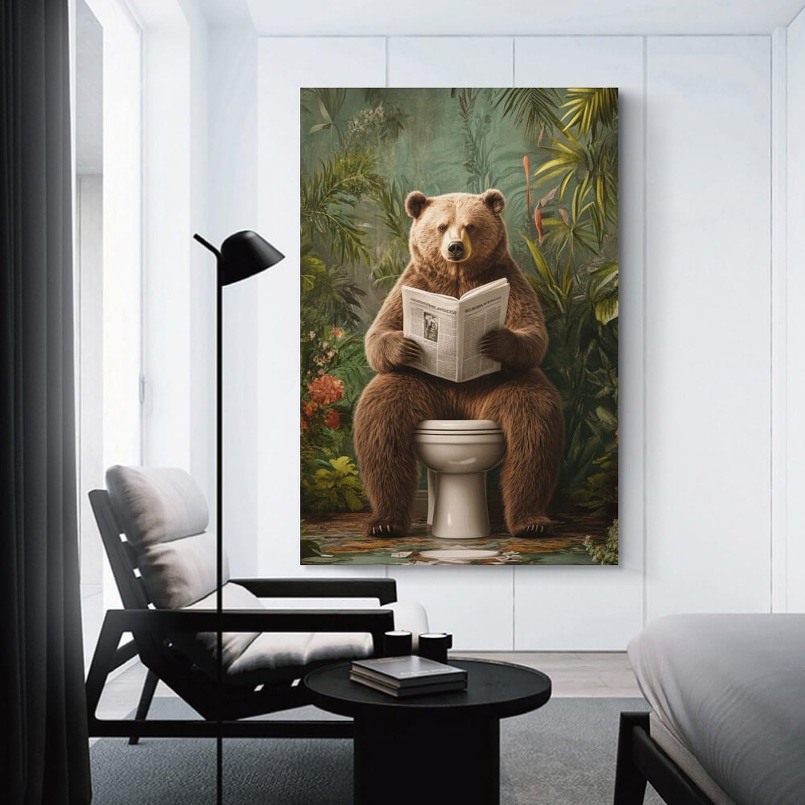 Junmoney Unframe-Style-9 Bear Reading Newspaper On Toilet Home Decor Wall Art 12X18inch(30X45cm), For Lounge, Study, Hallway Or Flat Walls, Stylish Home Artwork For Focal Walls