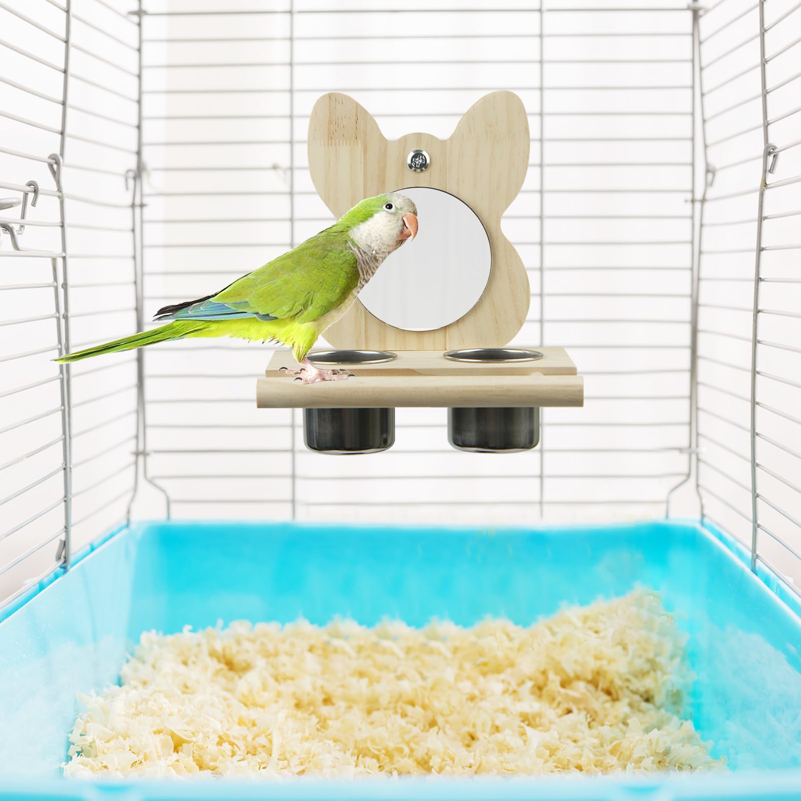 Porssaut Parrot Wooden Playstand with Mirror and Feeding Cups, light brown - Image 2