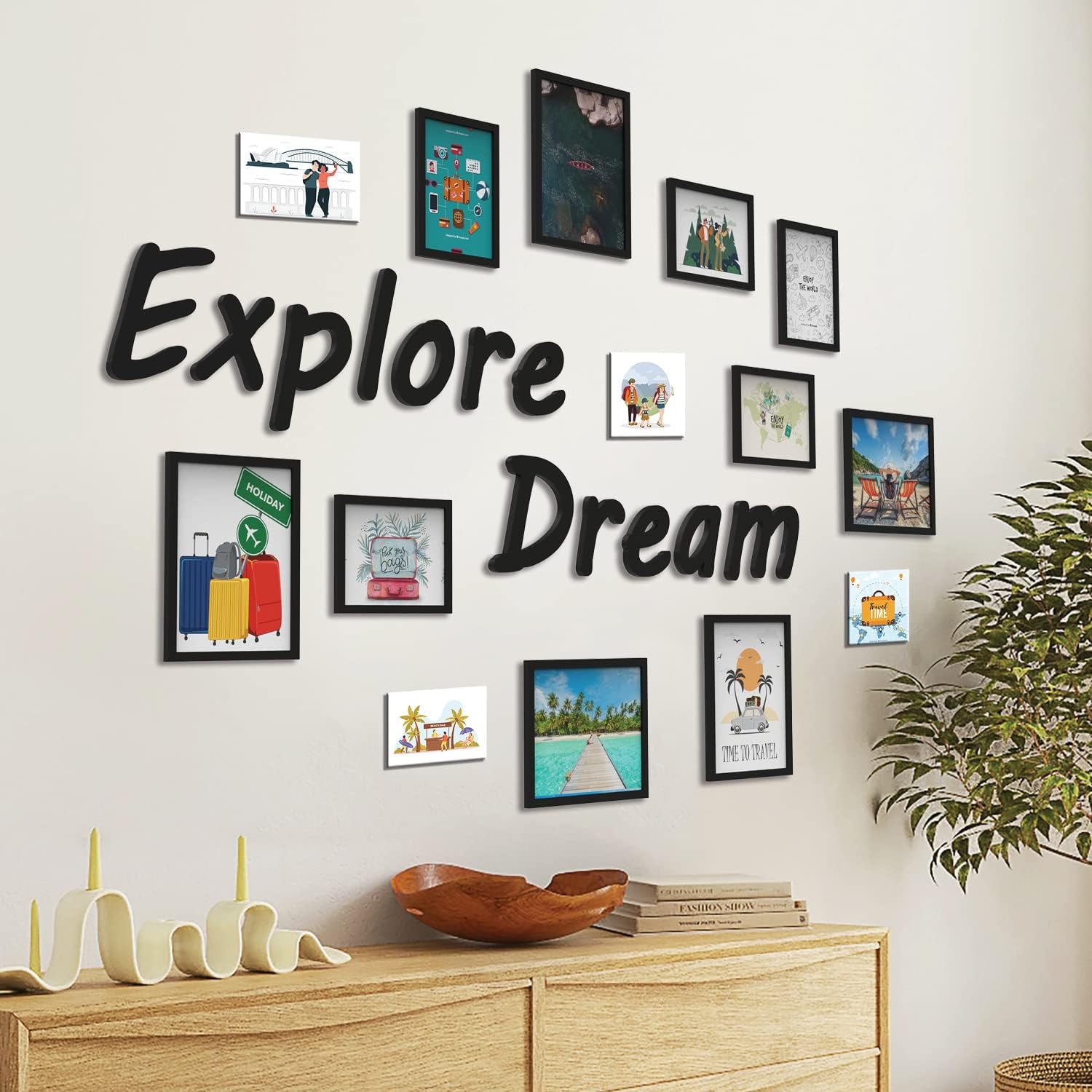 RANDOM Photo Frame For Wall Set of 10 3D Collage photo frames with EXPLORE DREAM Plaque For Home Decoration, Wall Decor (8"X10"=5pcs,6"x8"=5pcs)