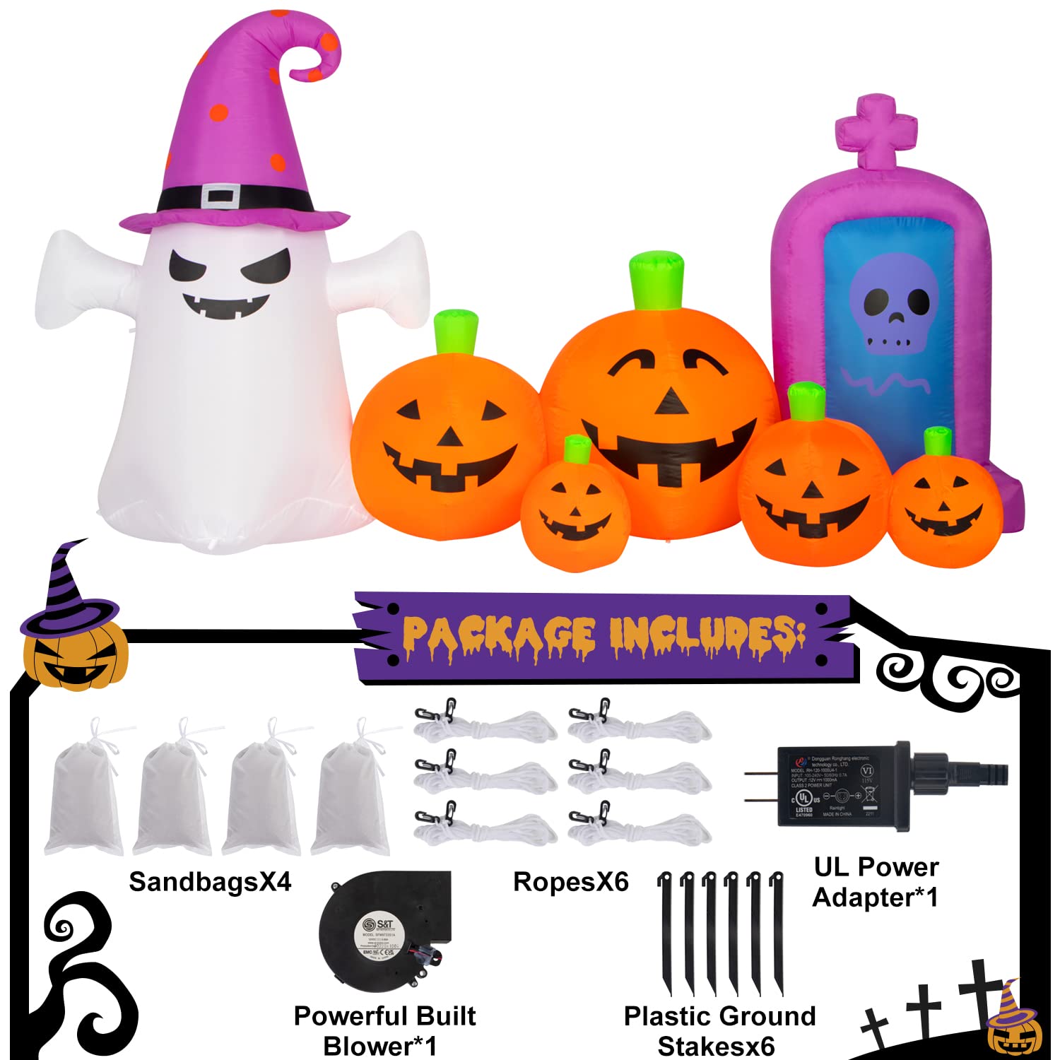 Dekoracje halloweenowe, na zewnątrz, 200 cm, długa nadmuchiwana dynia z duchem i czaszką, nagrobkiem, straszne wysadzenie w powietrze, dekoracja dyni, wbudowane diody LED, na imprezę, do ogrodu, dekoracja trawnika
