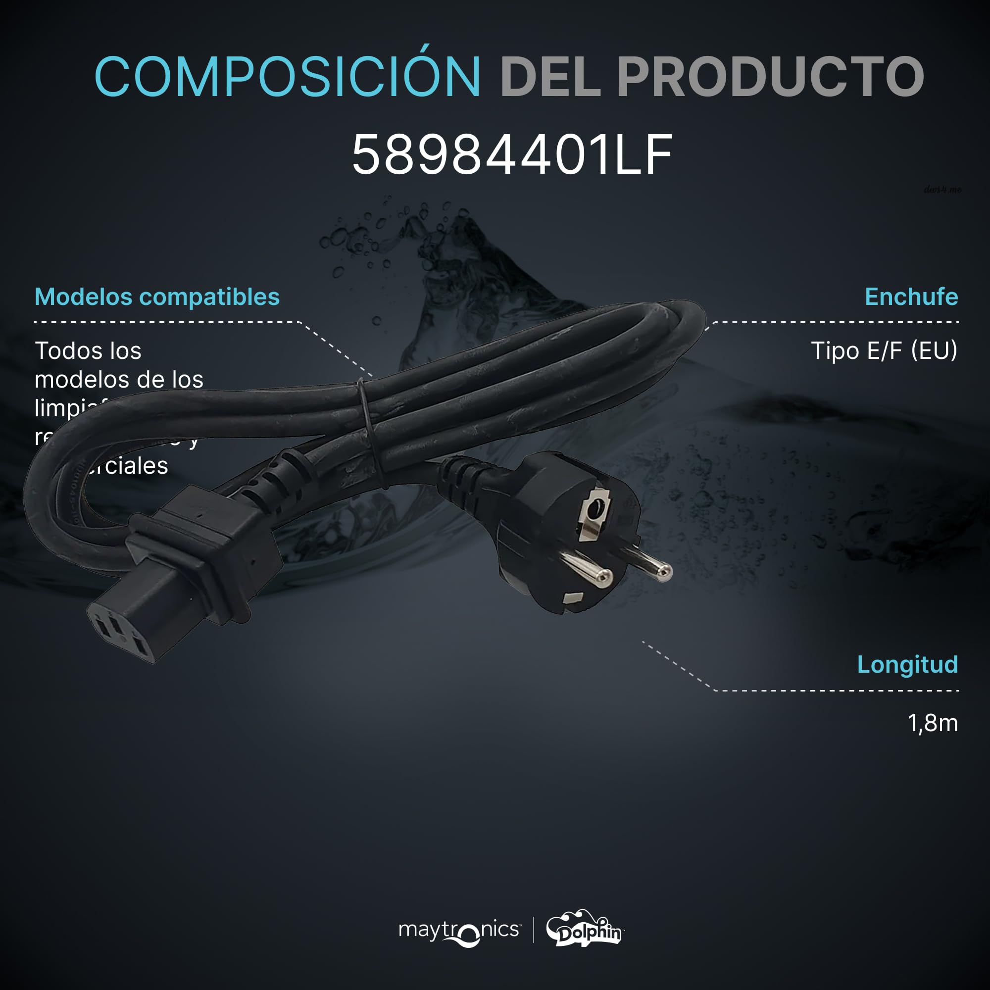 Dolphin Piezas de Recambio Originales - Cable alimentación 1,8m - Ref. Maytronics: 58984401LF