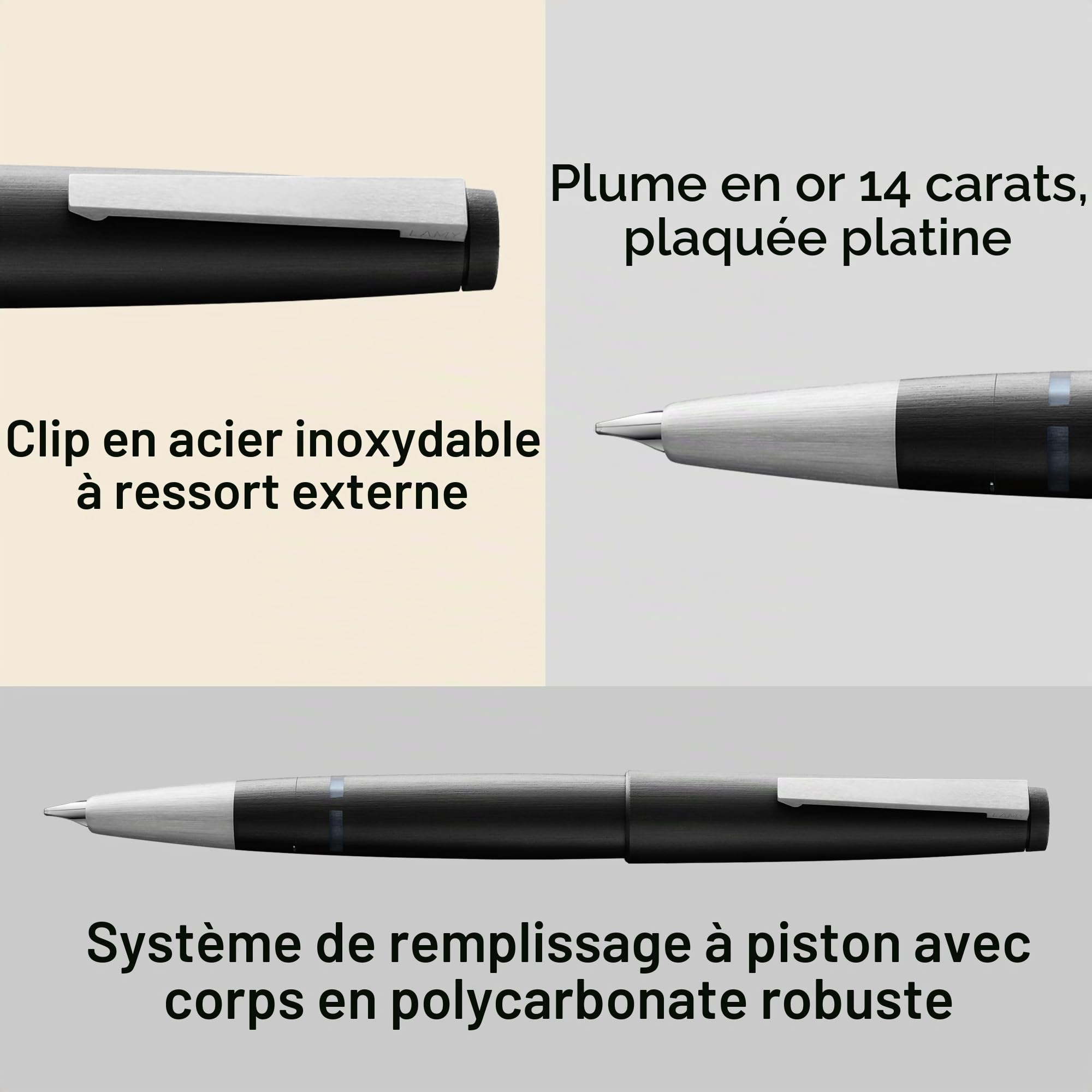 Lamy 2000 black - Stylo Plume élégant dans un corps robuste en fibre de verre - plume en or 14 ct., partiellement plaquée platine - largeur de trait F
