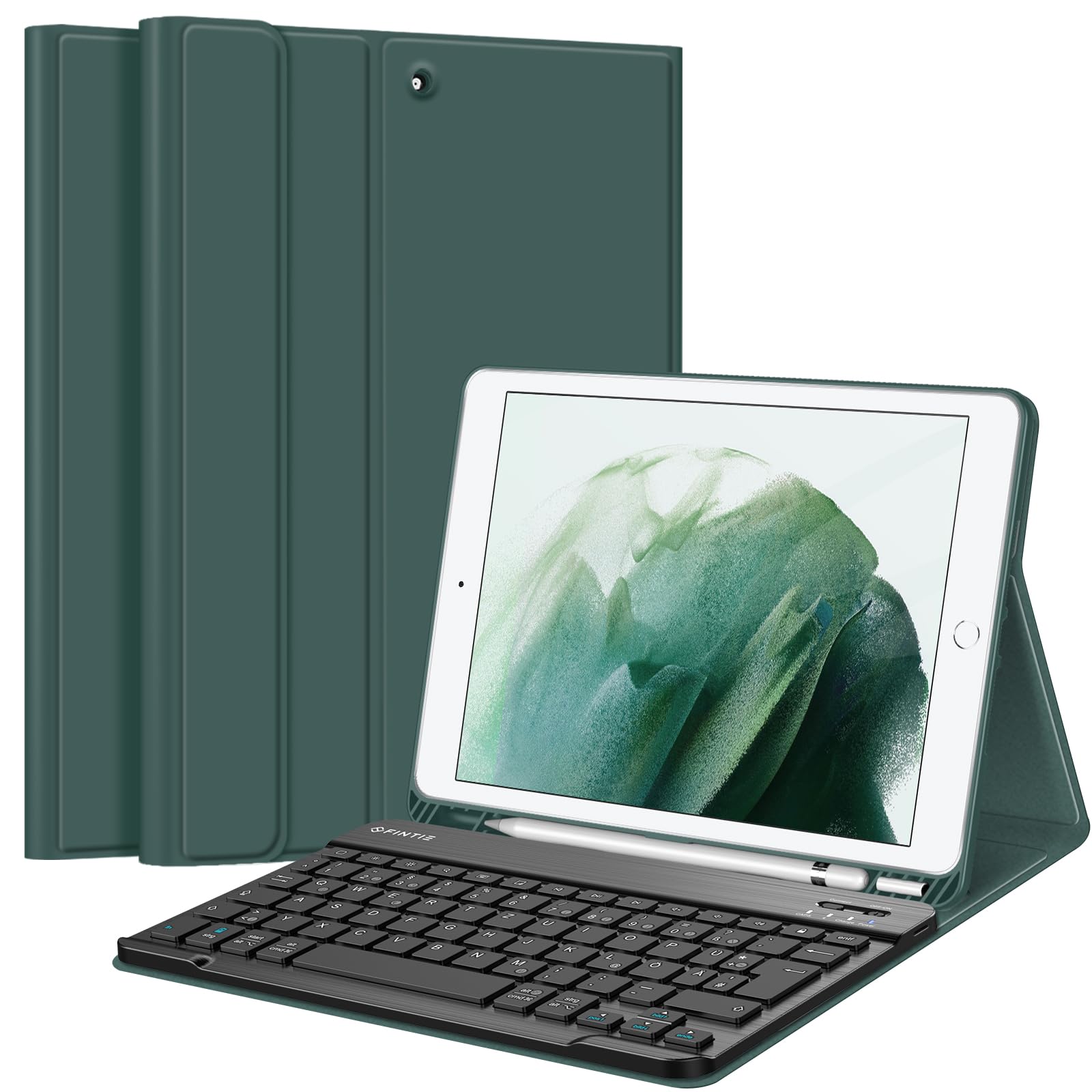 FINTIE Tastatur Hülle für iPad 10.2 Zoll (9/8/ 7 Generation - 2021/2020/2019), Schutzhülle mit TPU Rückschale, Pencil Halter und magnetisch Abnehmbarer Tastatur mit QWERTZ Layout, Dunkelgrün