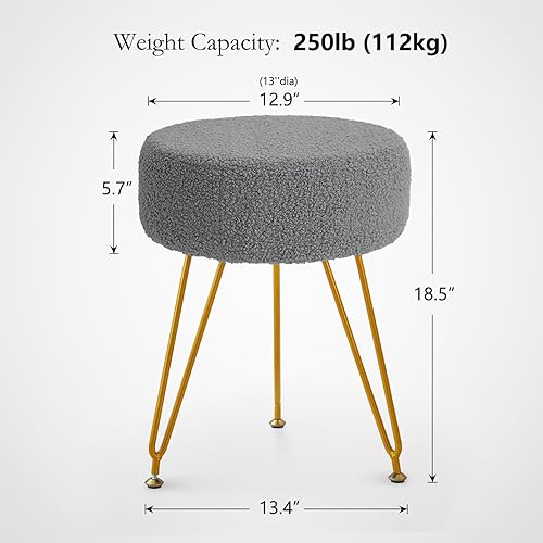 Miniatura 3 de Taburete de tocador de piel sintética, taburete de maquillaje otomano peludo, taburete redondo tapizado con 4 patas de metal y pies ajustables para