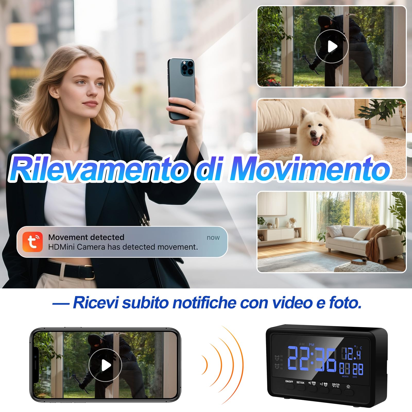 Mini Telecamera Spia Nascosta WiFi, 1080P, Visione Notturna | Dual-band 2.4/5 GHz, grandangolo 120°, rilevamento movimento, sveglia 2 in 1, luminosità, microSD 128 GB, invisibile