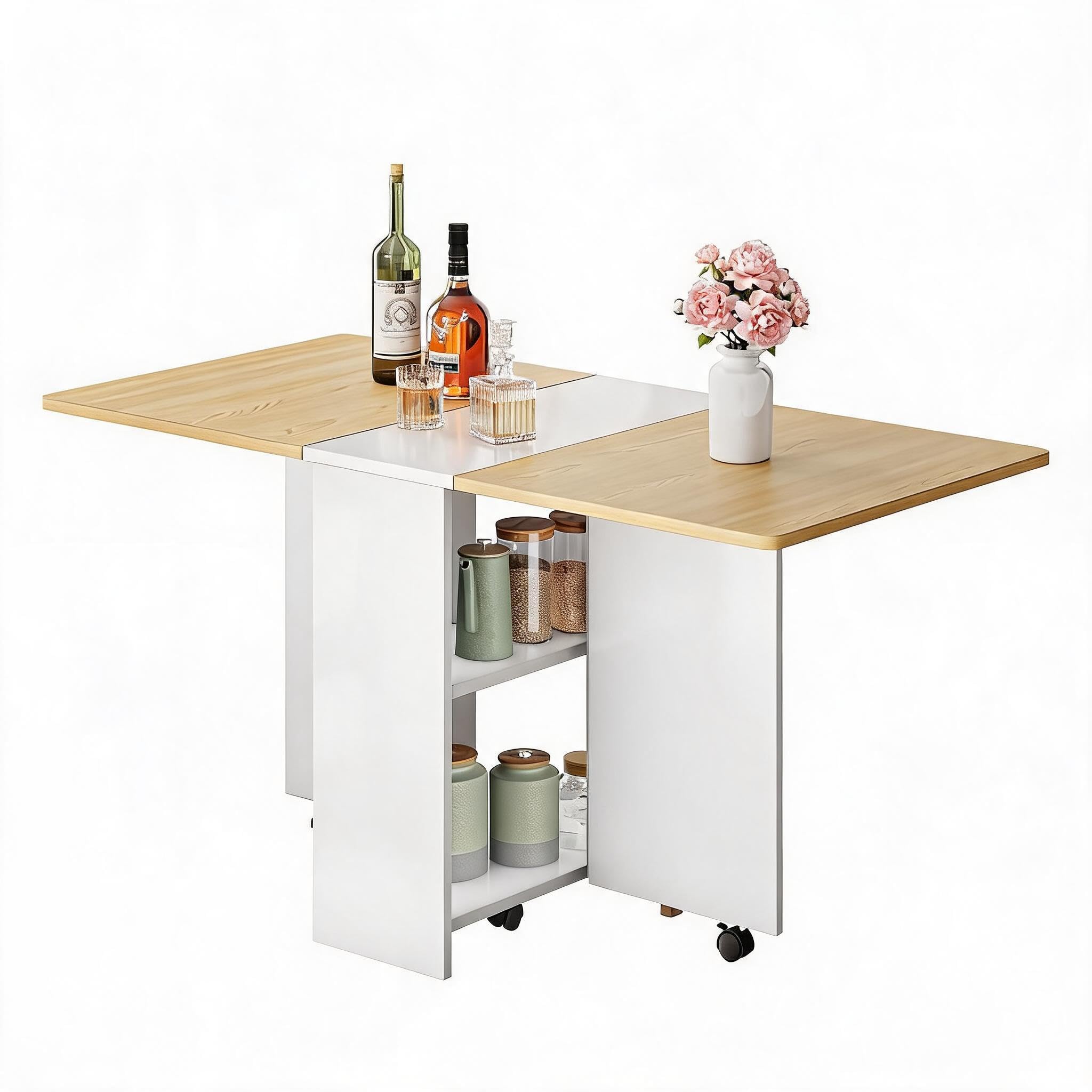 Tavolo da pranzo pieghevole con 6 ruote e 2 ripiani portaoggetti, 120 x 60