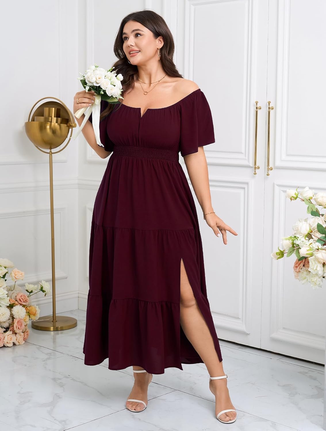 SCOMCHIC Womens Plus Size Maxi Dress Formal Short Sleeve Square Neck Smocked Side Split Flowy A Line Tiered Long Dress - Image 3