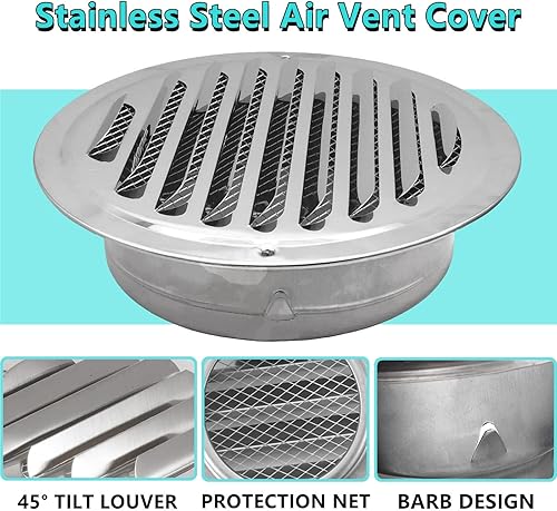 Miniatura 3 de Rejilla de ventilación redonda de acero inoxidable plateado de 4 pulgadas, rejilla de ventilación de pared redonda con malla de pantalla para baño,