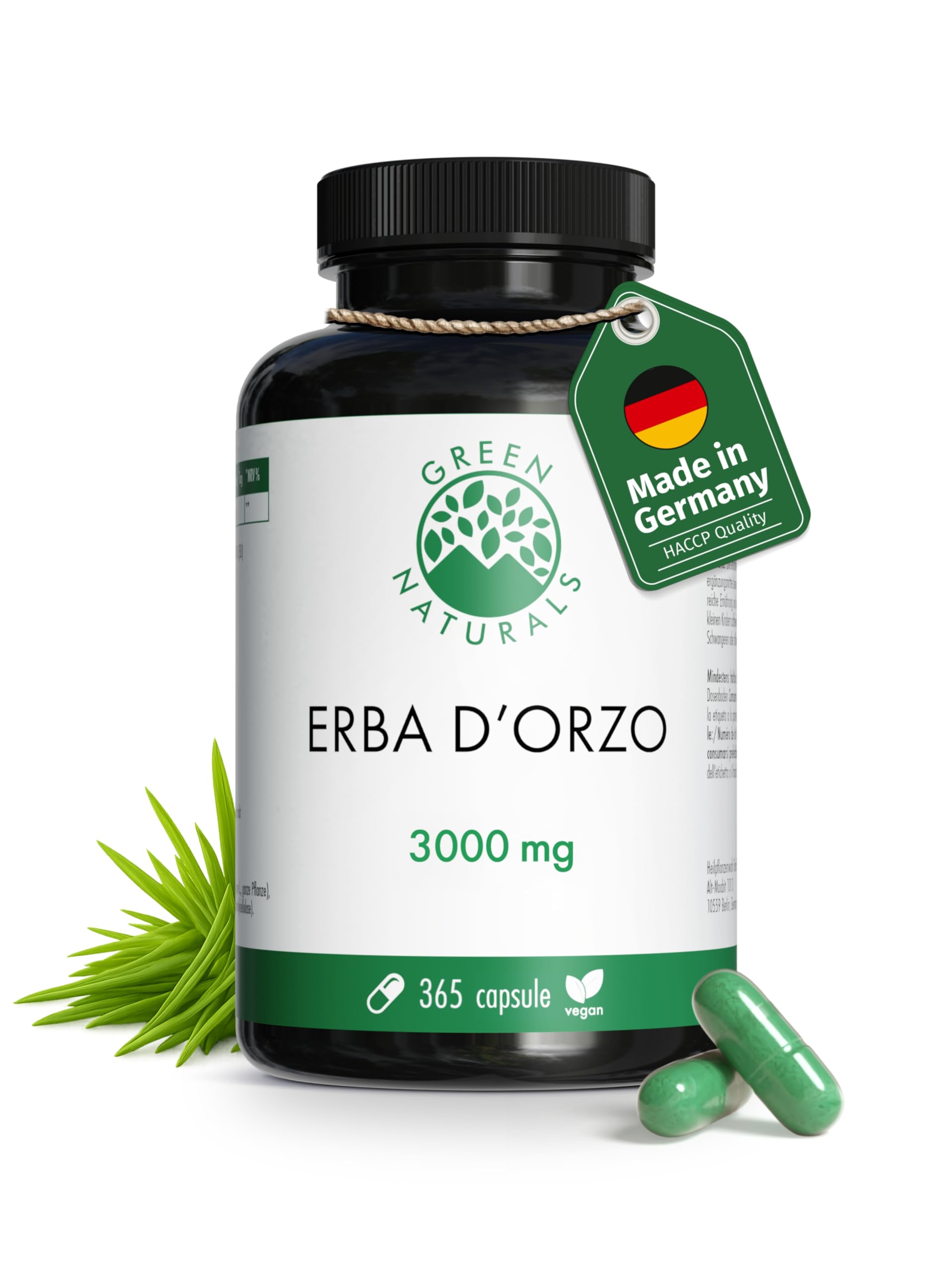 Green Naturals® Orzo verde in capsule naturale e pura - Dosaggio elevato: 3.000 mg con estratto 10:1-365 capsule (3 mesi) - Qualità premium dalla Germania - Vegane e testate in laboratorio