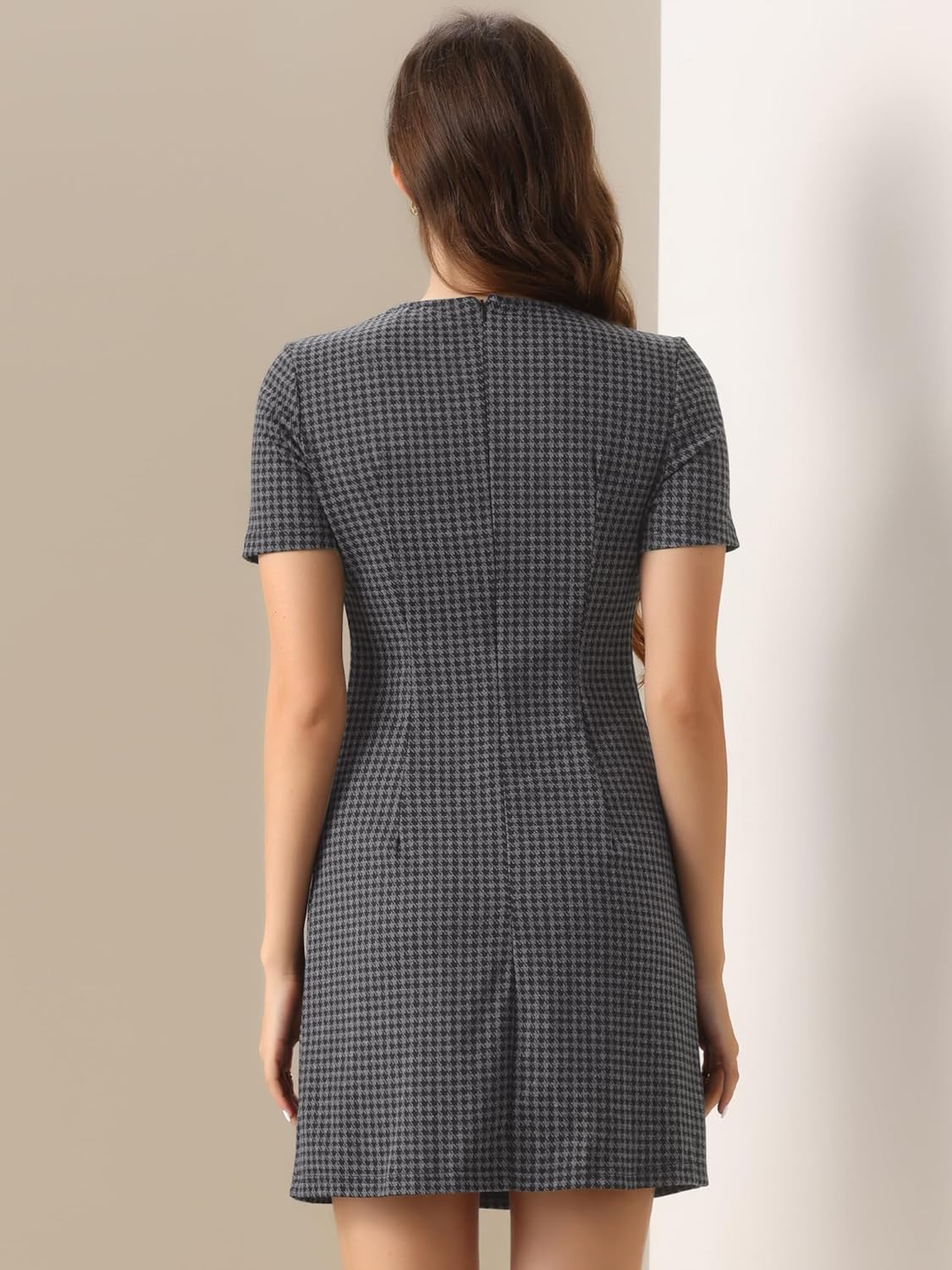 Allegra K Work Dress for Women Short Sleeve Vintage Houndstooth Above The Knee Dress - Image 3