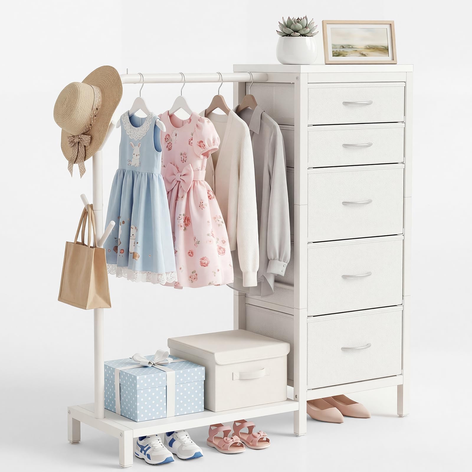 HOMRELEXA Kommode mit Schubladen, Kommode Weiß mit 5 Stoff Schubladen, Kleine Kommodeschrank mit Kleiderstange, Kinderkleiderschrank, Stoffkommode für Schlafzimmer Kinderzimmer Wohnzimmer Flur