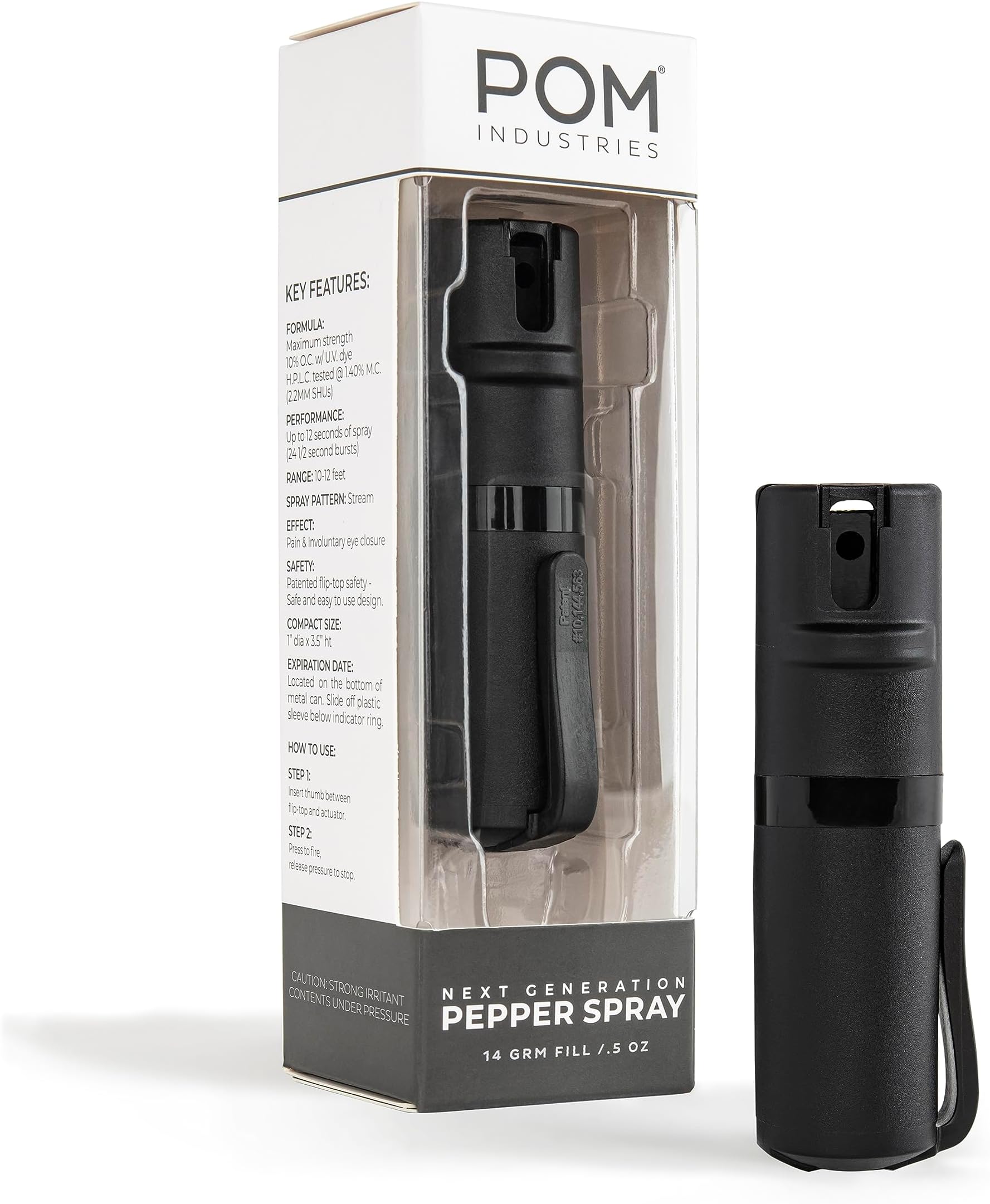 POM Pepper Spray Black Flip Top Pocket Clip - Maximum Strength OC Spray - Self Defense - Tactical Compact & Safe Design - 25 Bursts & 10 ft Range - Powerful & Accurate Stream Pattern