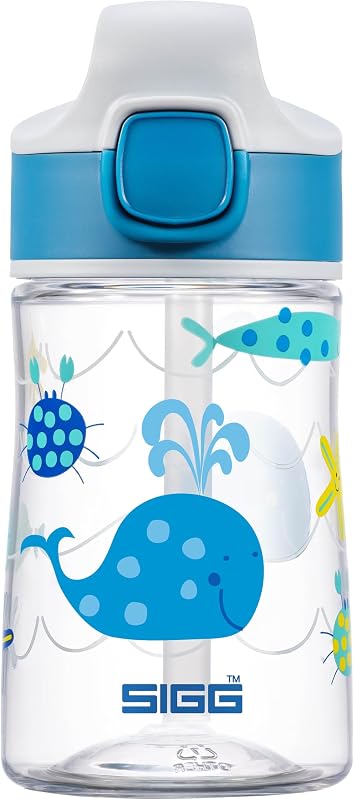 Sticlă pentru copii SIGG Miracle Ocean din Tritan cu pai – etanșă, fără BPA, lavabilă în mașina de spălat vase, cu animale marine albastre – 0,35 L