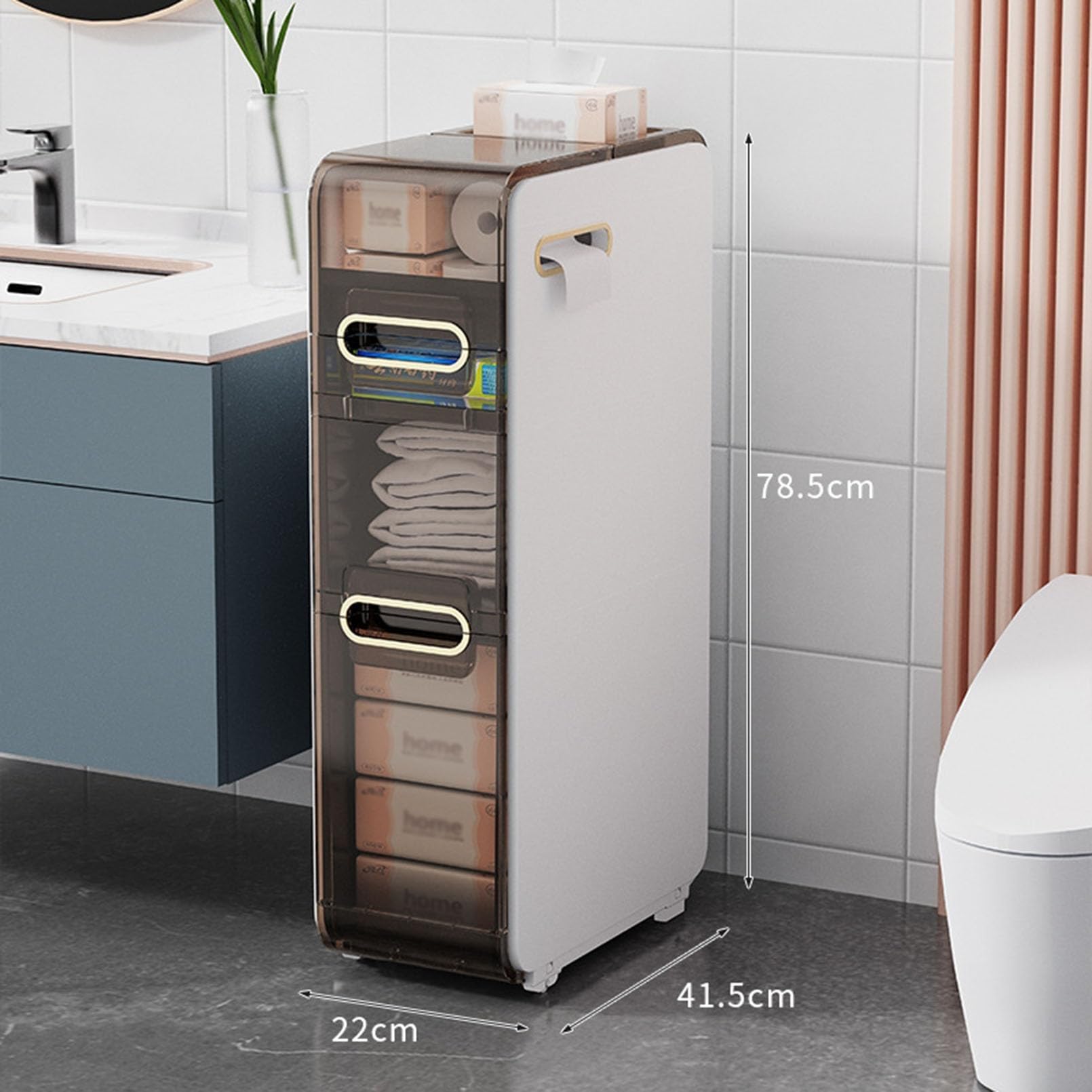 Armadietto da bagno sottile con porta carta igienica, 3 ripiani, per asciugamani e oggetti quotidiani, autoportante, salvaspazio, per uso domestico