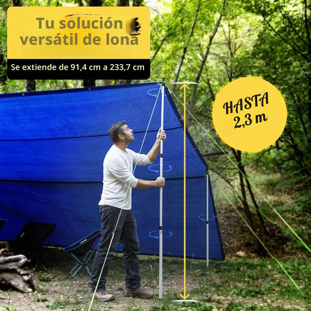 Varilla telescópica Everbeam para toldo, Camping, Senderismo, Pesca. Barra de Aluminio Ajustable 233 cm. Portátil, Ligera, Genial para Carpa o vivac. Incluye Vientos, piquetas, Bolsa de Transporte