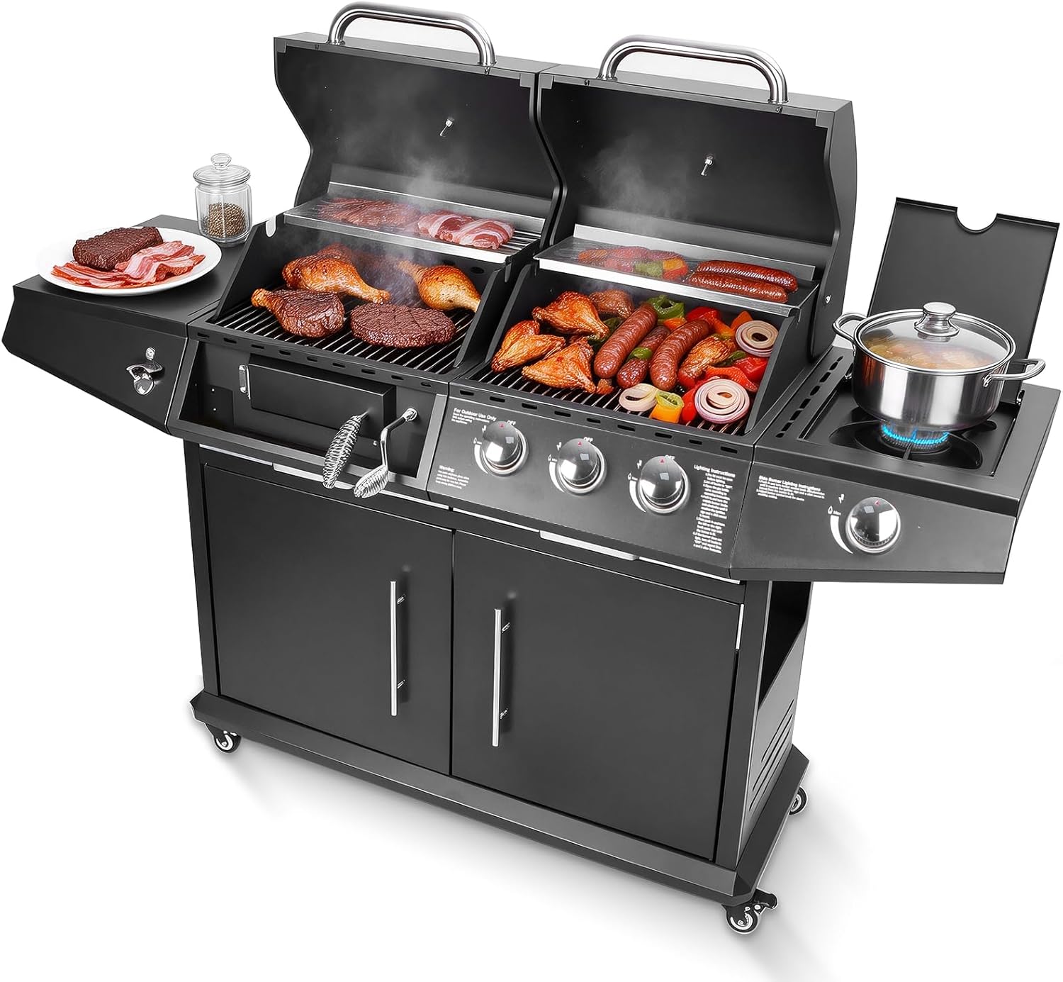 Charcal and Propane Gas Grill Combo with 10000 BTU Side Burner Stainless Steel Cooking Grates and Warming Racks, Outdoor BBQ Grill with 4 Wheels and Storage Cabinet, 40000 BTU Total, Black