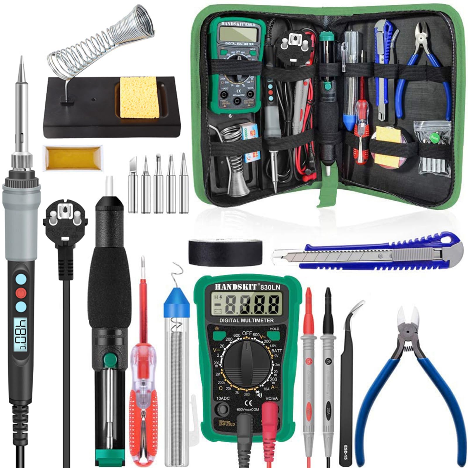 HANDSKIT Tin Soldering Iron 90W Kit 19 in 1 Professional Soldering Iron with Adjustable Temperature 180℃-480℃,Tin Soldering Iron with Digital Multimeter,5 Soldering Iron Tips,For Diversely Repaired Use