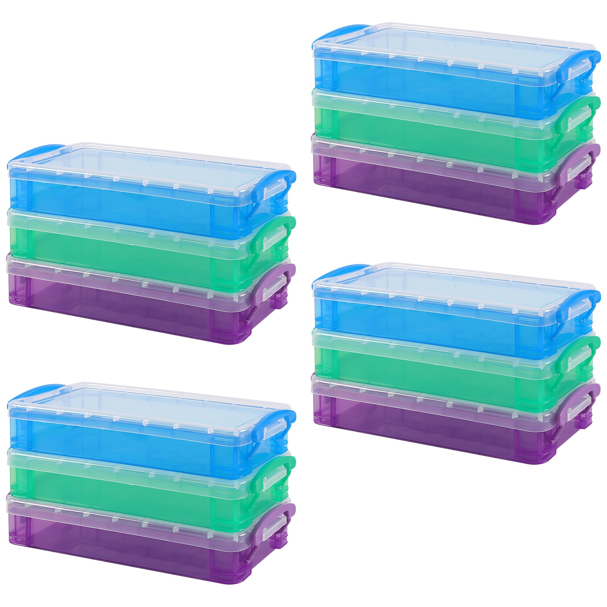 TAICHEUT 12 Pack Stackable Pencil Boxes, 21.5x10x4CM Plastic Pen Storage Case, Craft Organiser for Office Home School Supplies, Blue Purple Green